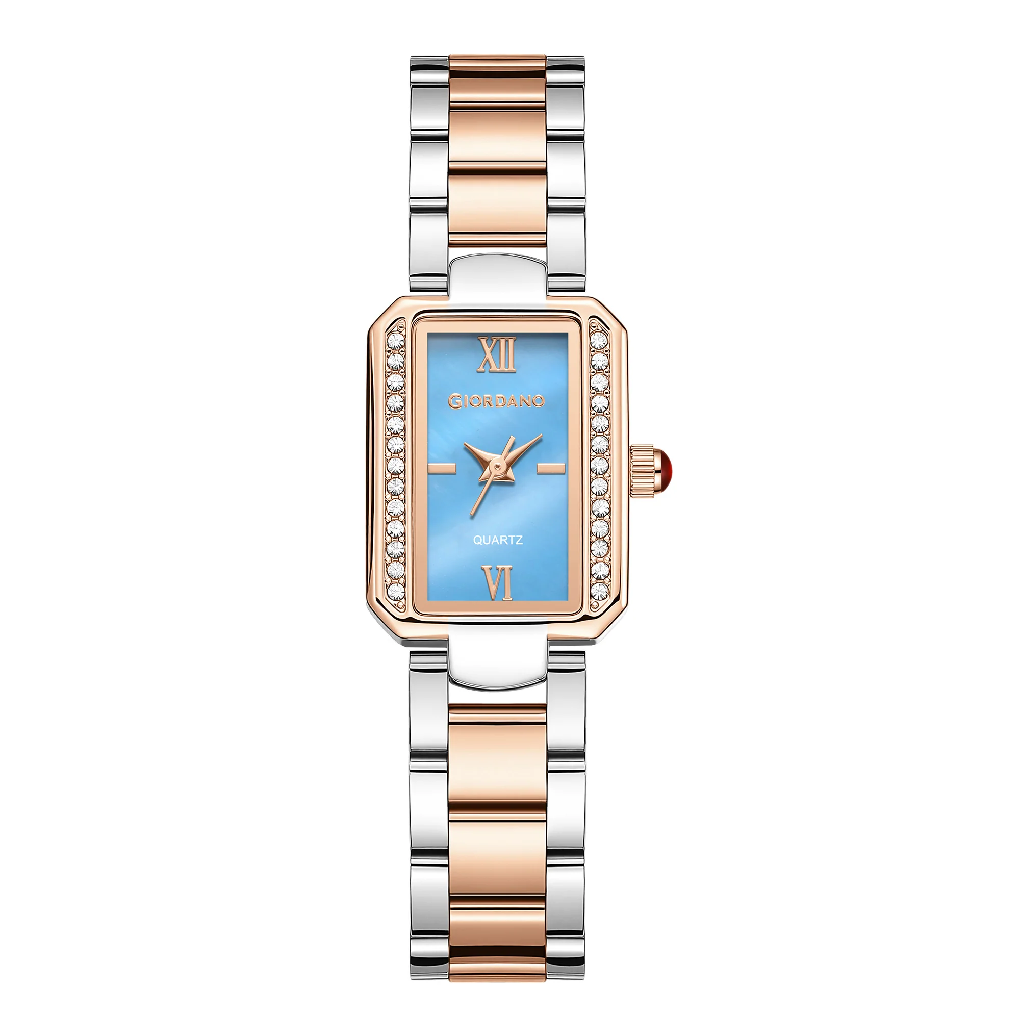 Giordano Analog Quartz Watch for Women with sunray Rectangle Blue Dial, Roman indices, Crystal studded bezel, Blue Crown, Silver and Rose Gold Stainless Steel Strap - GZ-60167-22 - Image 5