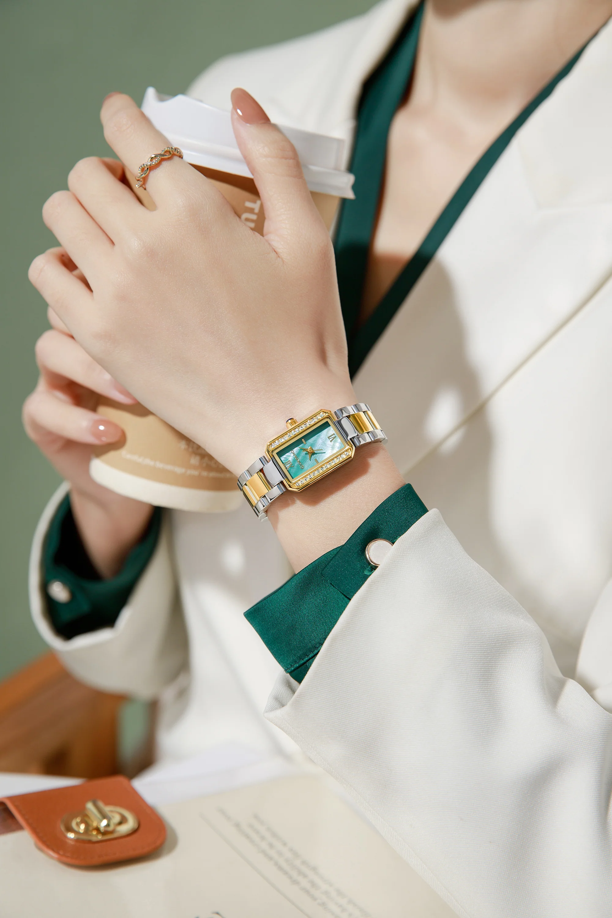 Giordano Analog Quartz Watch for Women with sunray Rectangle Green Dial, Roman indices, Crystal studded bezel, Blue Crown, Silver and Gold Stainless Steel Strap - GZ-60167-33 - Image 2