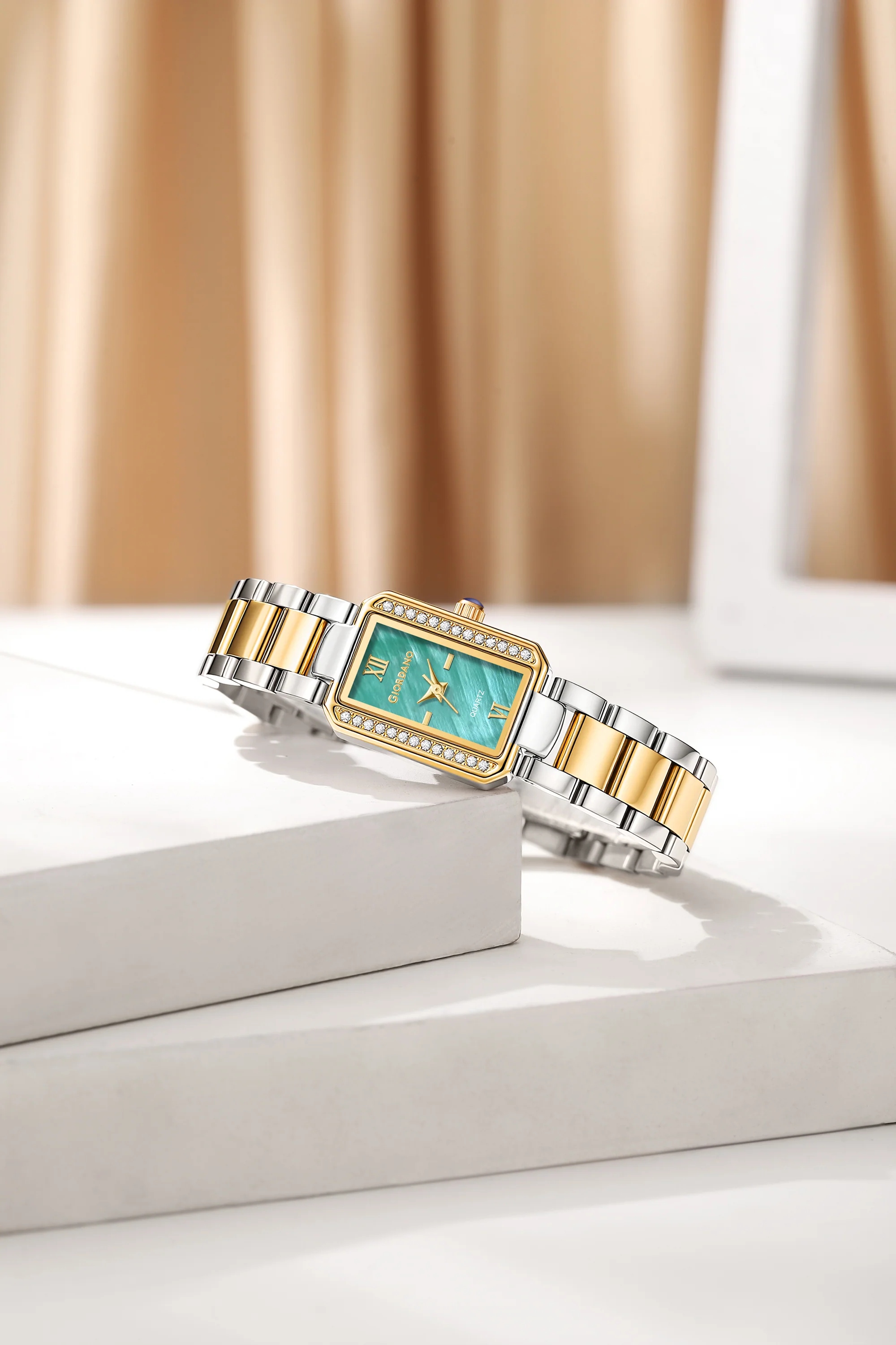 Giordano Analog Quartz Watch for Women with sunray Rectangle Green Dial, Roman indices, Crystal studded bezel, Blue Crown, Silver and Gold Stainless Steel Strap - GZ-60167-33 - Image 3