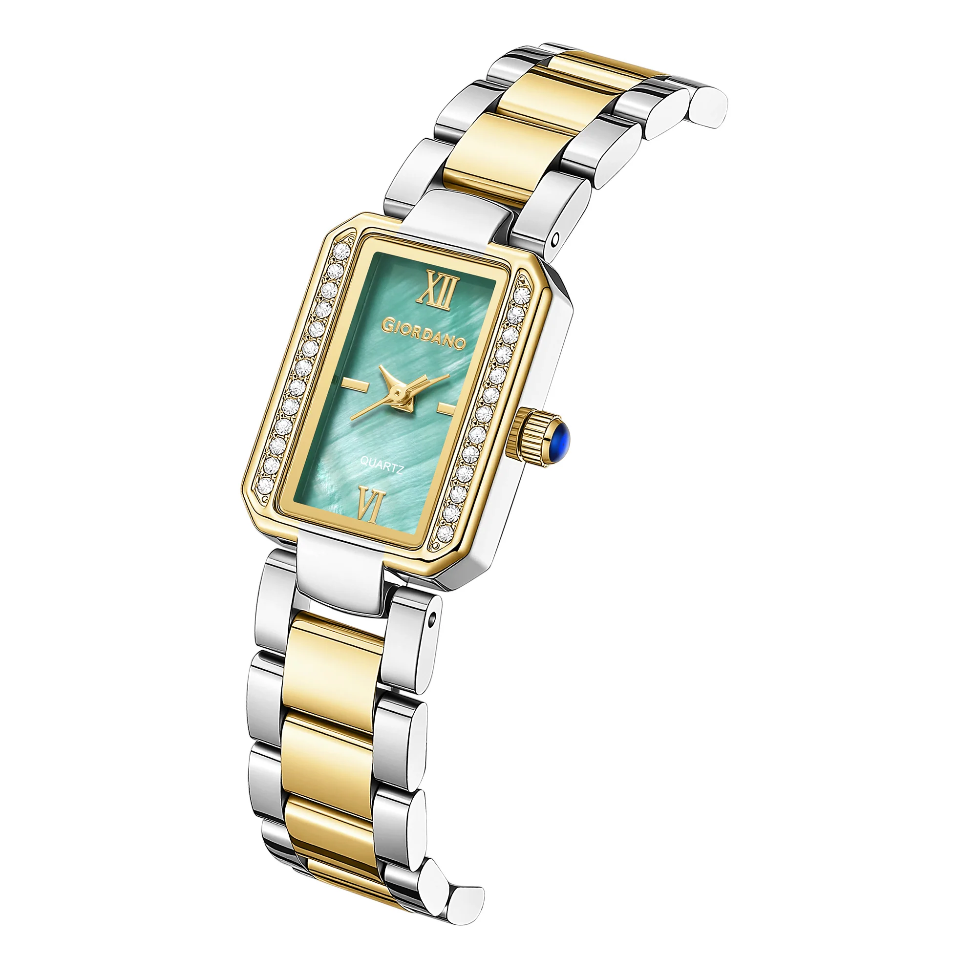Giordano Analog Quartz Watch for Women with sunray Rectangle Green Dial, Roman indices, Crystal studded bezel, Blue Crown, Silver and Gold Stainless Steel Strap - GZ-60167-33 - Image 4