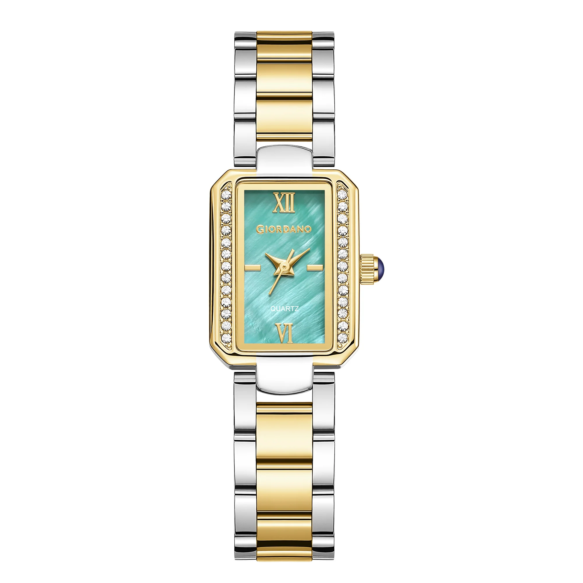 Giordano Analog Quartz Watch for Women with sunray Rectangle Green Dial, Roman indices, Crystal studded bezel, Blue Crown, Silver and Gold Stainless Steel Strap - GZ-60167-33 - Image 5