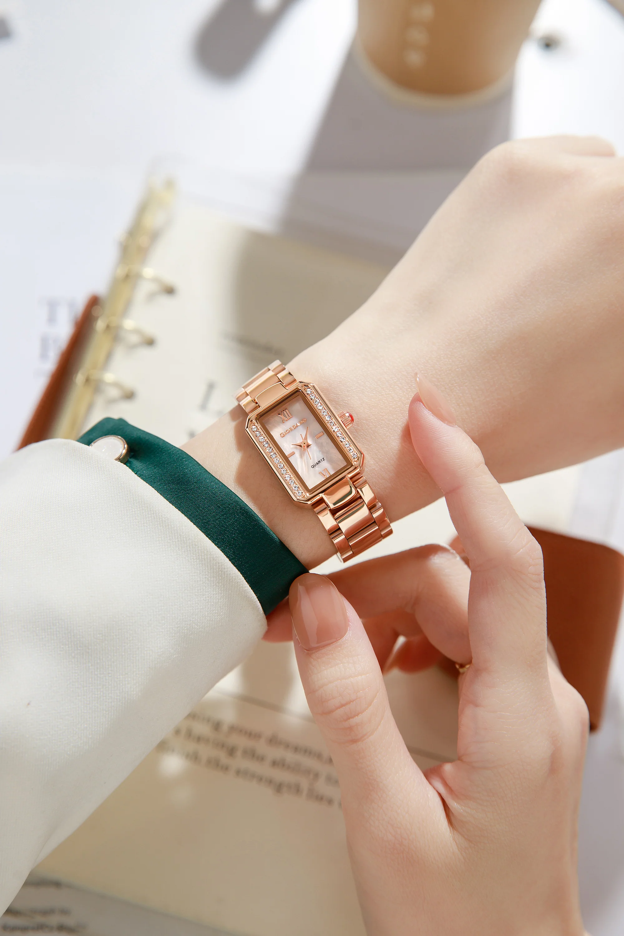 Giordano Analog Quartz Watch for Women with sunray Rectangle Rose Gold Dial, Roman indices, Crystal studded bezel, Blue Crown, Rose Gold Stainless Steel Strap - GZ-60167-44 - Image 2