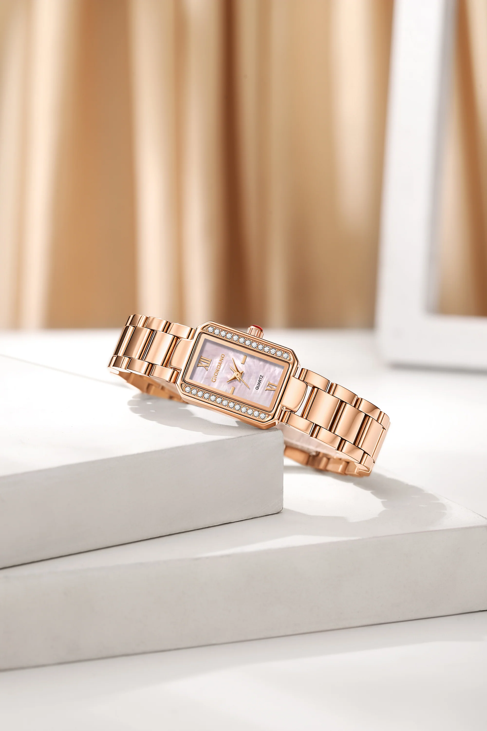 Giordano Analog Quartz Watch for Women with sunray Rectangle Rose Gold Dial, Roman indices, Crystal studded bezel, Blue Crown, Rose Gold Stainless Steel Strap - GZ-60167-44 - Image 3