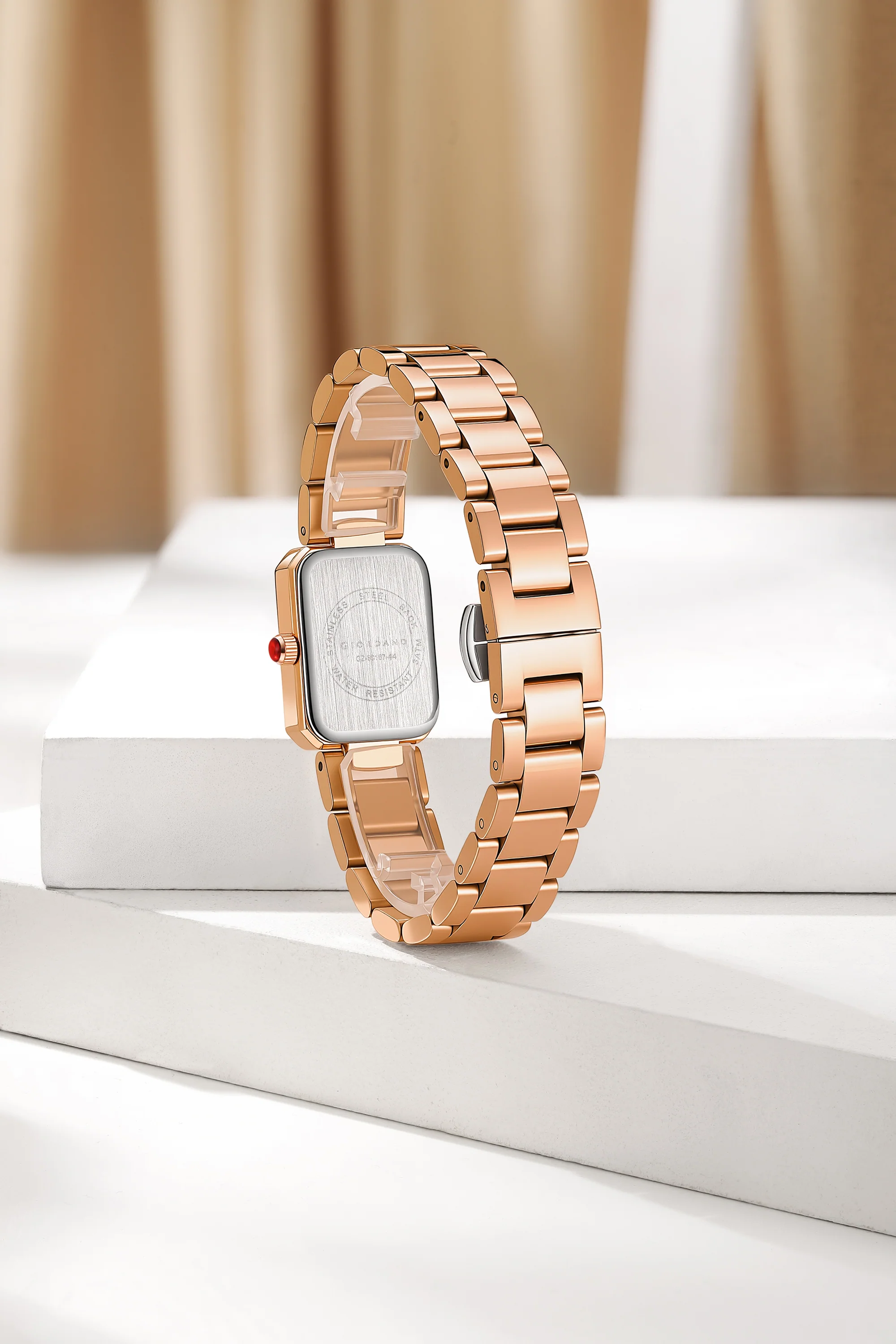 Giordano Analog Quartz Watch for Women with sunray Rectangle Rose Gold Dial, Roman indices, Crystal studded bezel, Blue Crown, Rose Gold Stainless Steel Strap - GZ-60167-44 - Image 4