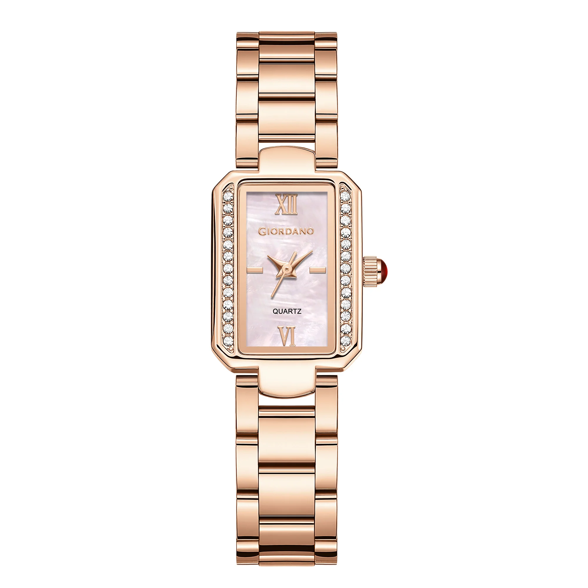 Giordano Analog Quartz Watch for Women with sunray Rectangle Rose Gold Dial, Roman indices, Crystal studded bezel, Blue Crown, Rose Gold Stainless Steel Strap - GZ-60167-44 - Image 5