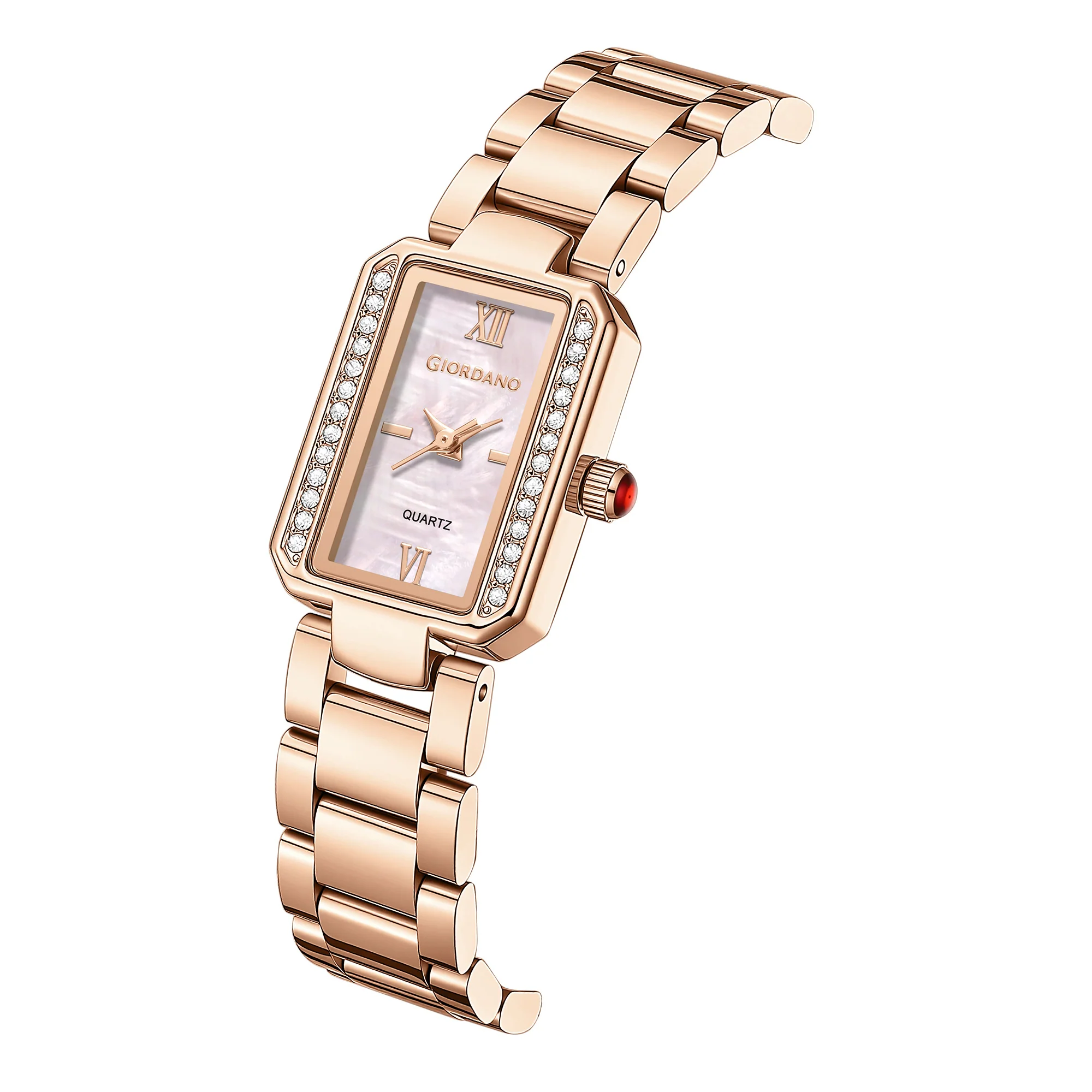 Giordano Analog Quartz Watch for Women with sunray Rectangle Rose Gold Dial, Roman indices, Crystal studded bezel, Blue Crown, Rose Gold Stainless Steel Strap - GZ-60167-44 - Image 6