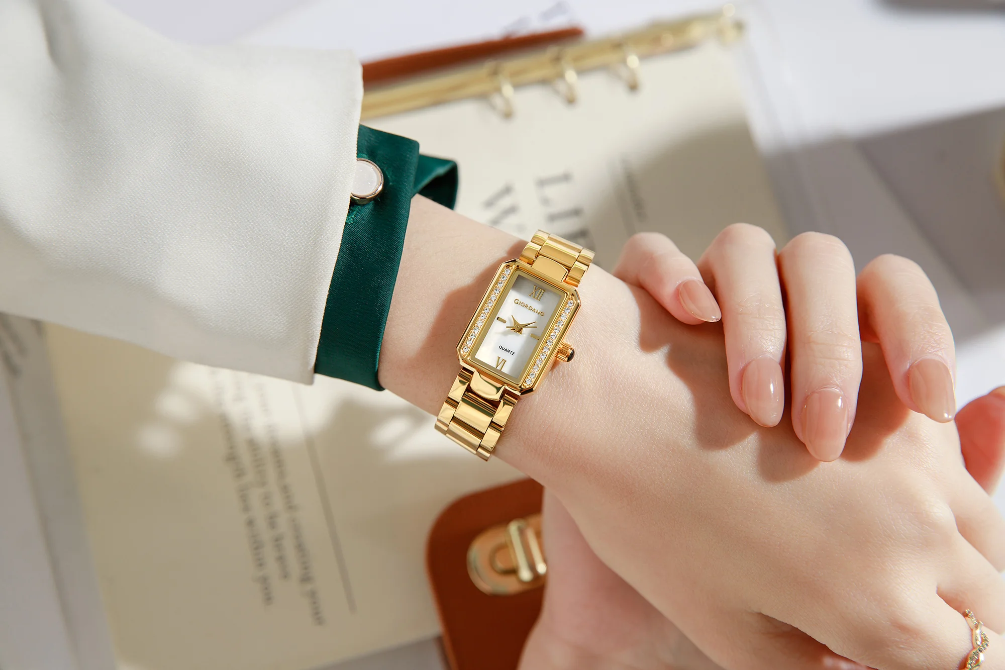 Giordano Analog Quartz Watch for Women with sunray Rectangle White Dial, Roman indices, Crystal studded bezel, Blue Crown, Gold Stainless Steel Strap - GZ-60167-11 - Image 2