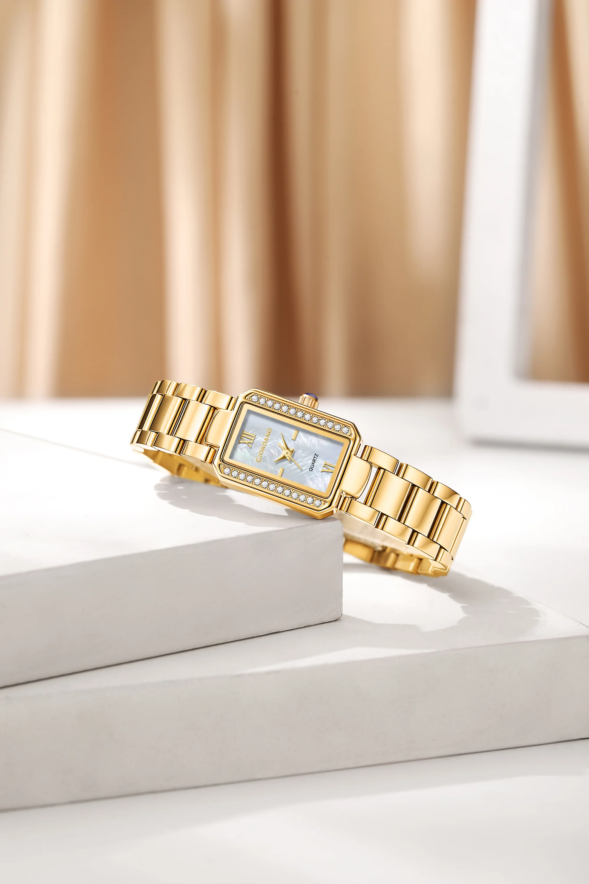 Giordano Analog Quartz Watch for Women with sunray Rectangle White Dial, Roman indices, Crystal studded bezel, Blue Crown, Gold Stainless Steel Strap - GZ-60167-11 - Image 3