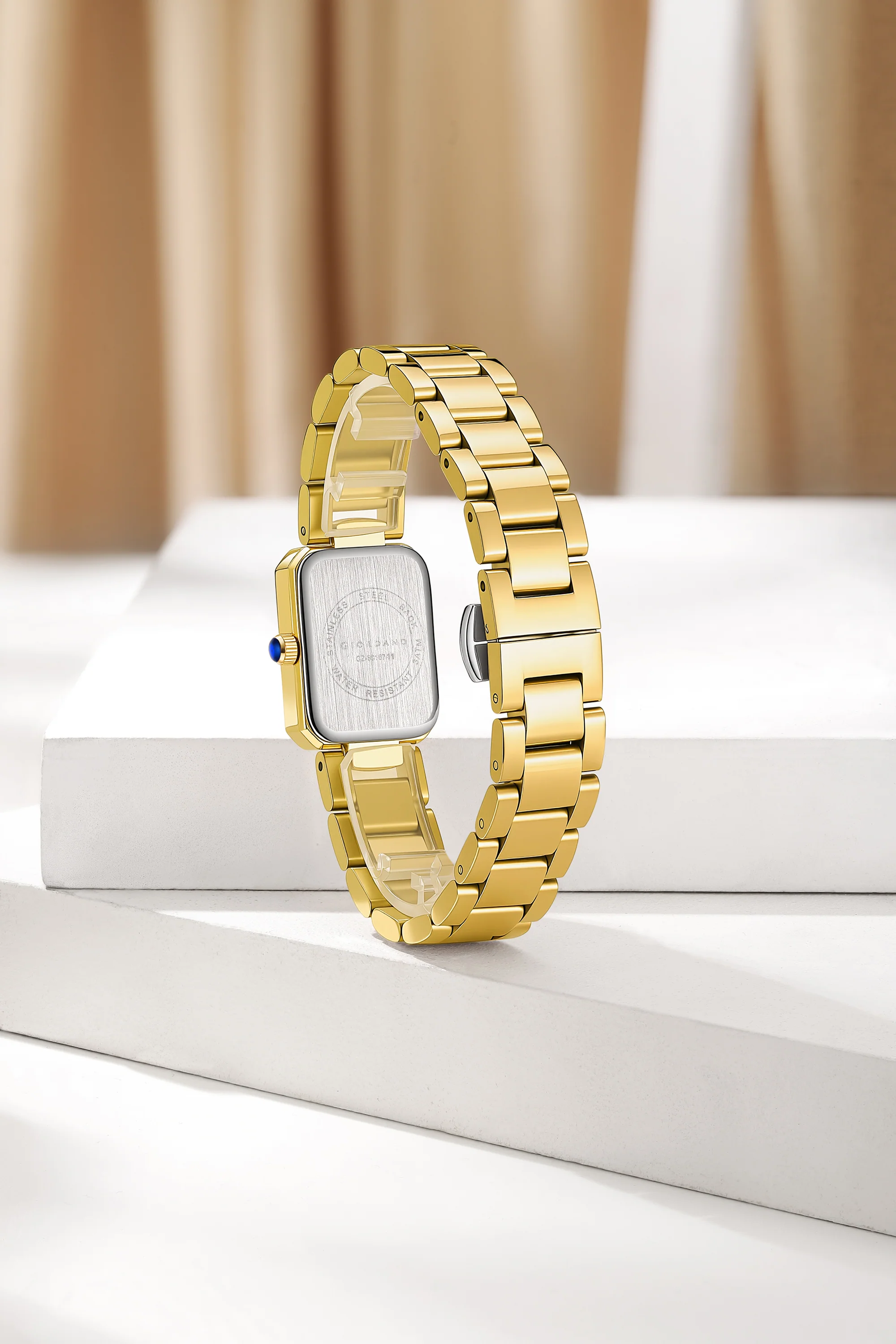 Giordano Analog Quartz Watch for Women with sunray Rectangle White Dial, Roman indices, Crystal studded bezel, Blue Crown, Gold Stainless Steel Strap - GZ-60167-11 - Image 4