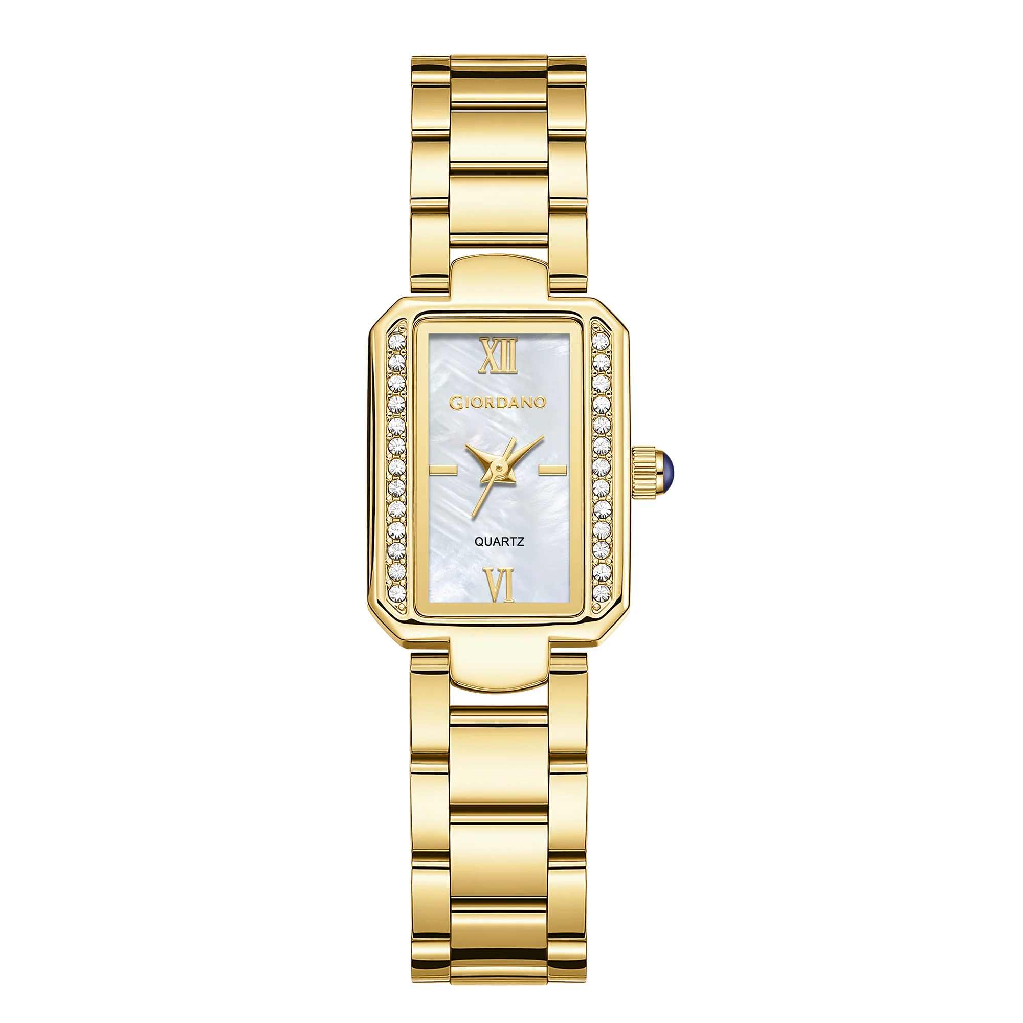Giordano Analog Quartz Watch for Women with sunray Rectangle White Dial, Roman indices, Crystal studded bezel, Blue Crown, Gold Stainless Steel Strap - GZ-60167-11 - Image 5