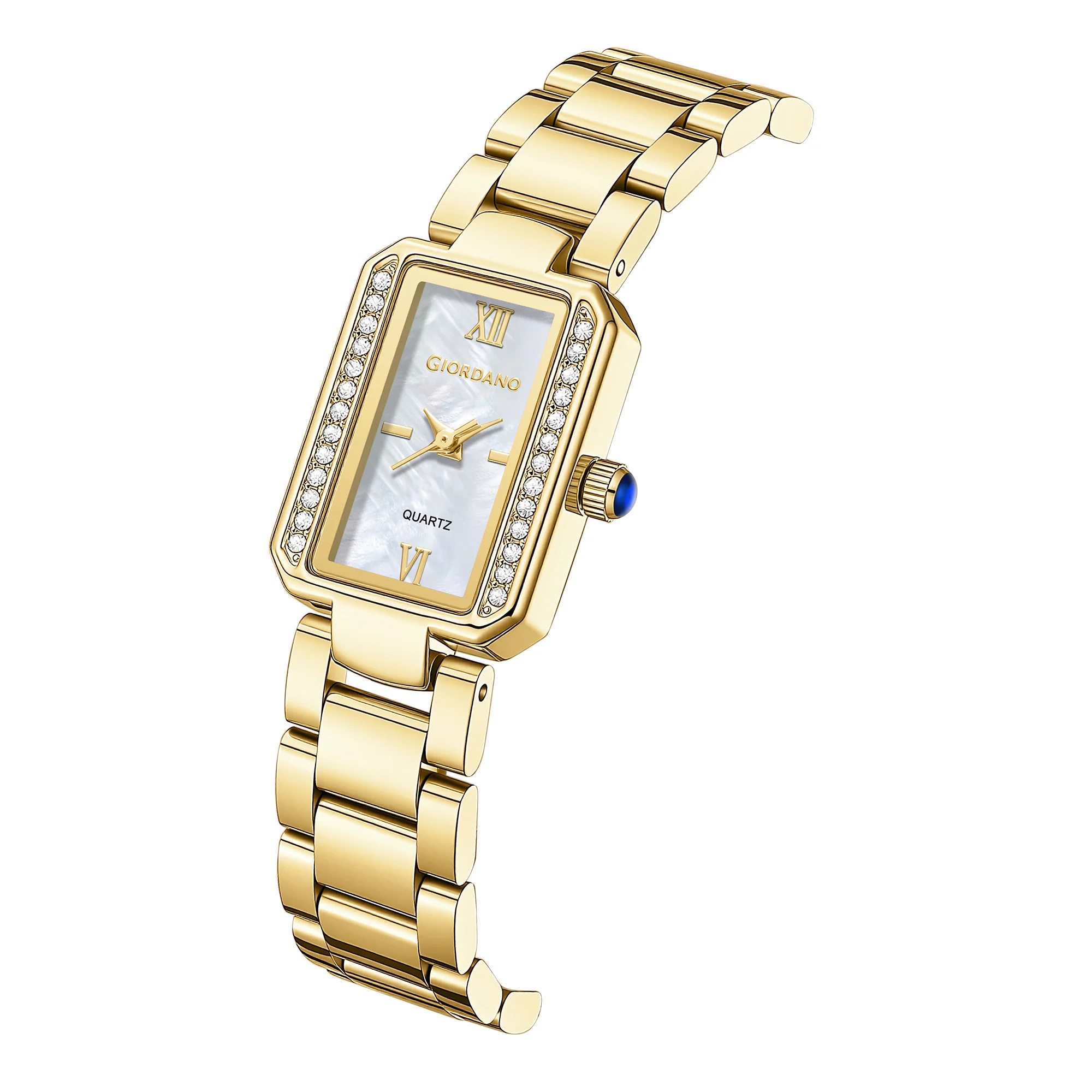 Giordano Analog Quartz Watch for Women with sunray Rectangle White Dial, Roman indices, Crystal studded bezel, Blue Crown, Gold Stainless Steel Strap - GZ-60167-11 - Image 6
