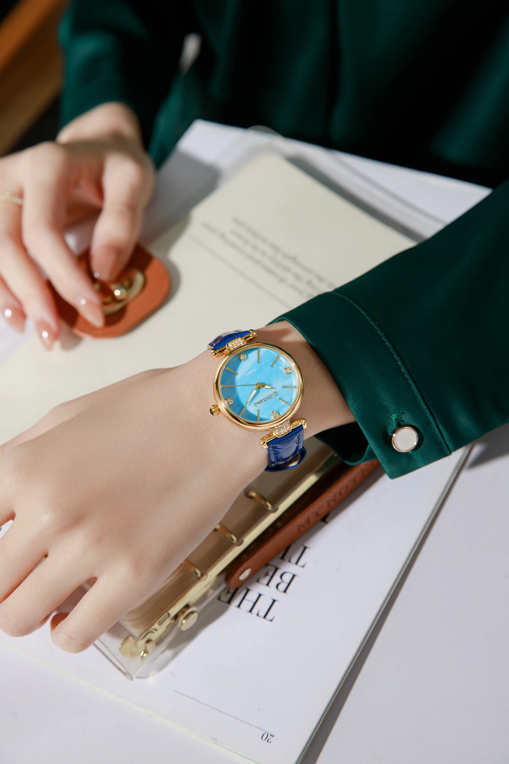 Giordano Analog Quartz Watch for Women with sunray Round Blue Dial, Blue Crown, Luminos hands and Crystal hour markers, Blue Leather Strap - GZ-60161-05 - Image 2