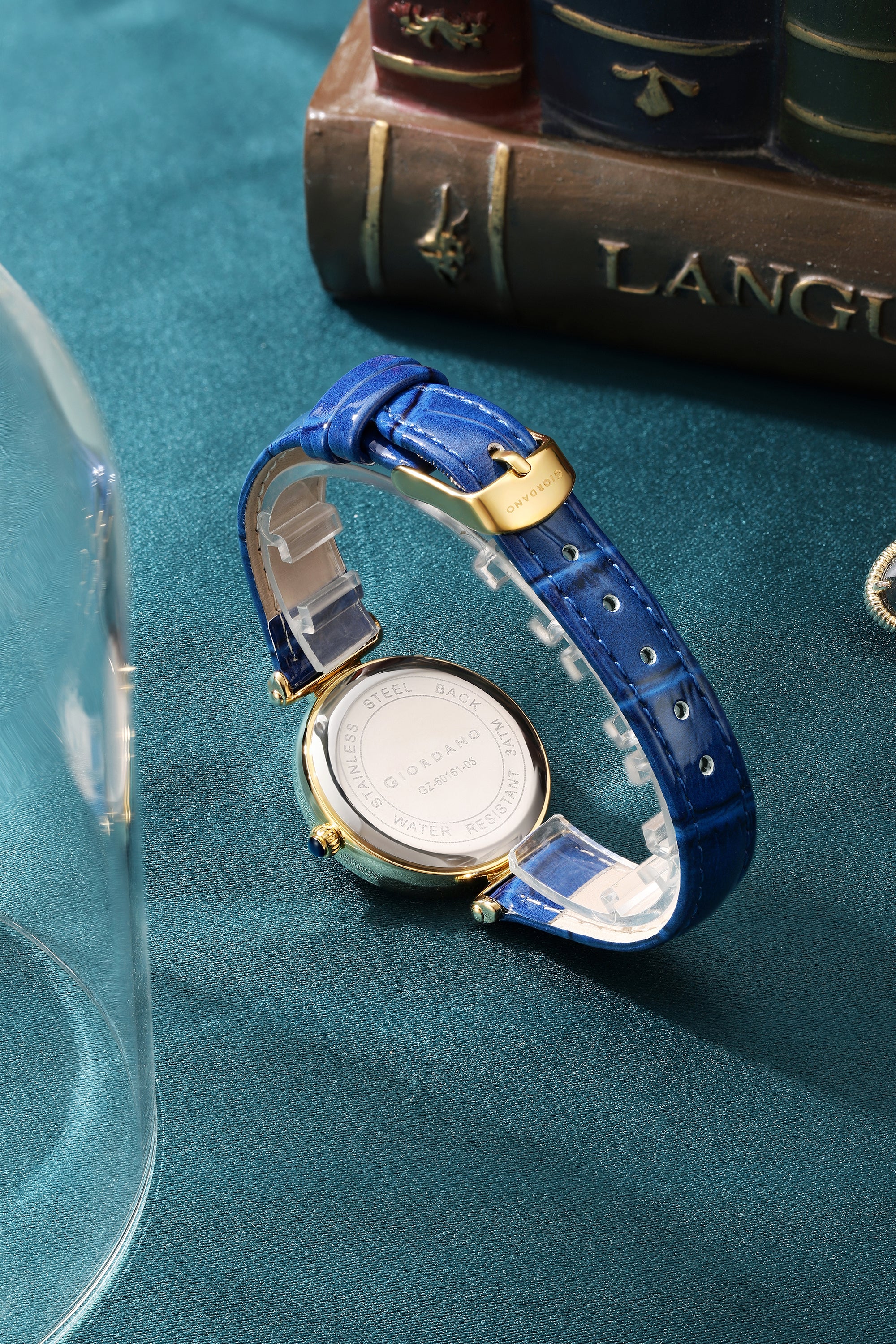 Giordano Analog Quartz Watch for Women with sunray Round Blue Dial, Blue Crown, Luminos hands and Crystal hour markers, Blue Leather Strap - GZ-60161-05 - Image 4