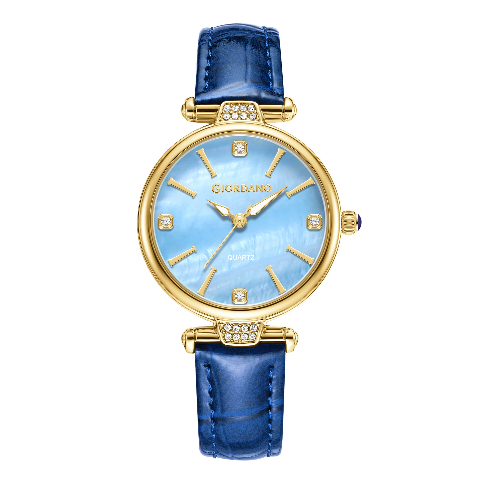 Giordano Analog Quartz Watch for Women with sunray Round Blue Dial, Blue Crown, Luminos hands and Crystal hour markers, Blue Leather Strap - GZ-60161-05 - Image 5