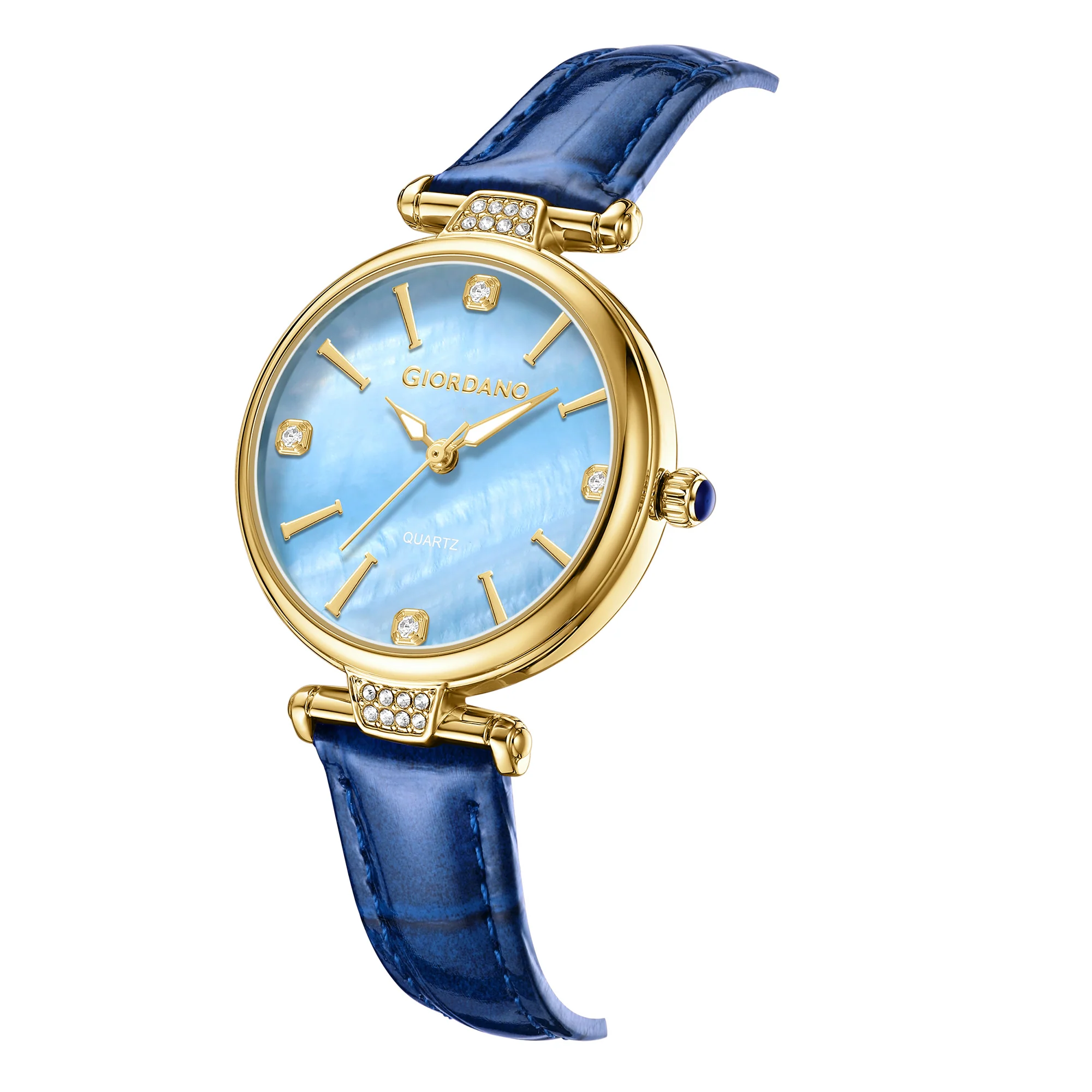 Giordano Analog Quartz Watch for Women with sunray Round Blue Dial, Blue Crown, Luminos hands and Crystal hour markers, Blue Leather Strap - GZ-60161-05 - Image 6