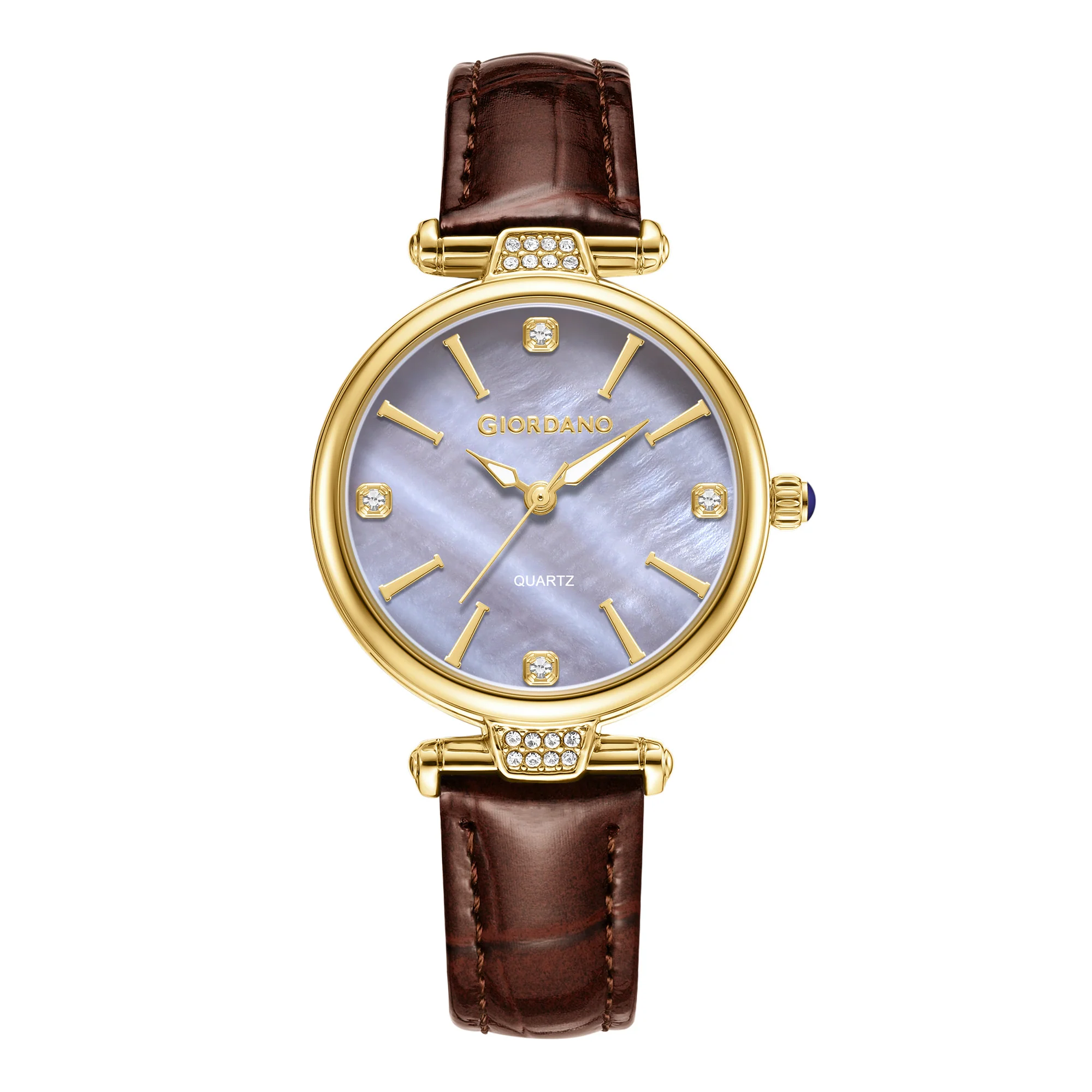 Giordano Analog Quartz Watch for Women with sunray Round Brown Dial, Blue Crown, Luminos hands and Crystal hour markers, Brown Leather Strap - GZ-60161-06 - Image 4