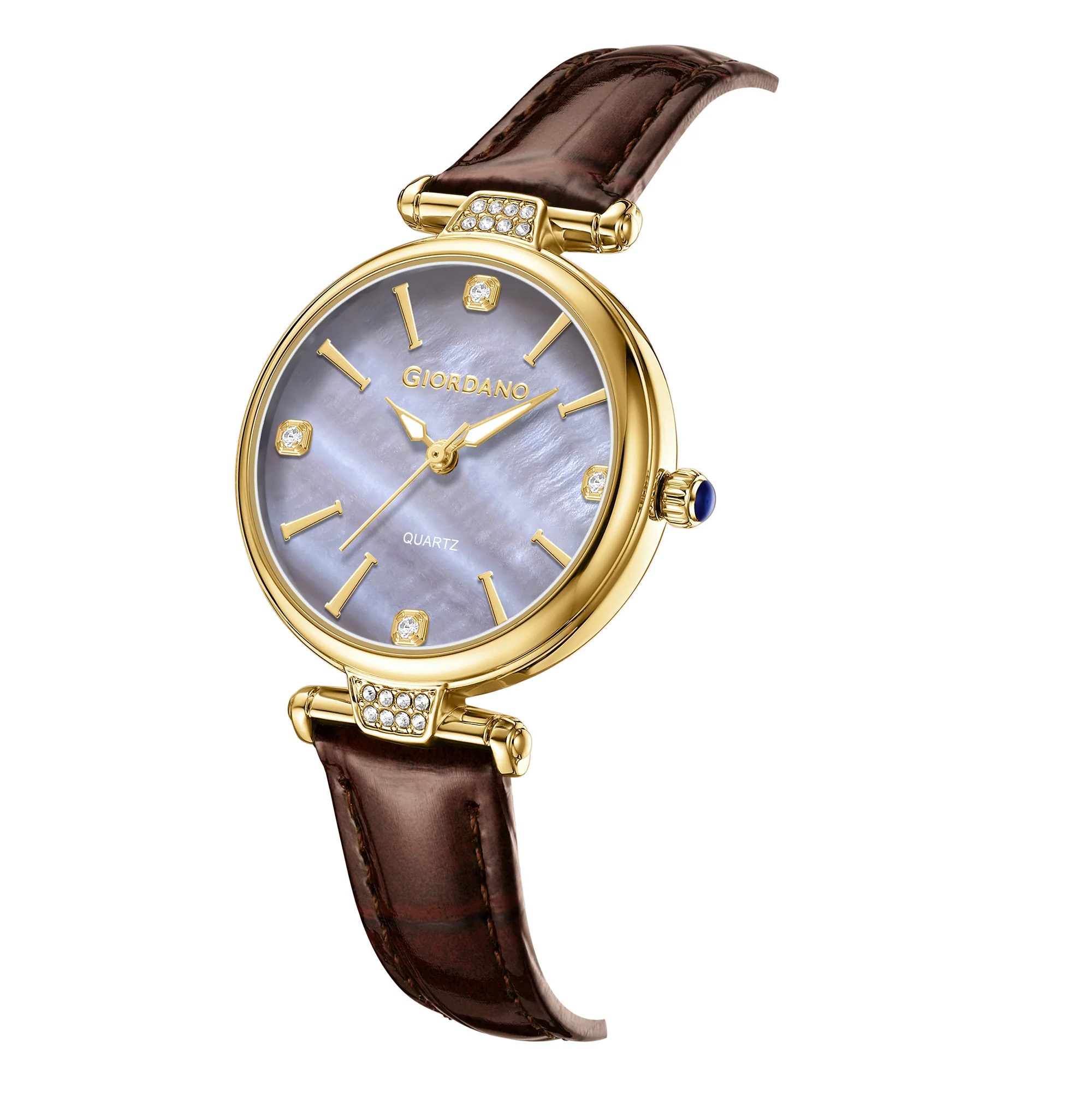 Giordano Analog Quartz Watch for Women with sunray Round Brown Dial, Blue Crown, Luminos hands and Crystal hour markers, Brown Leather Strap - GZ-60161-06 - Image 5