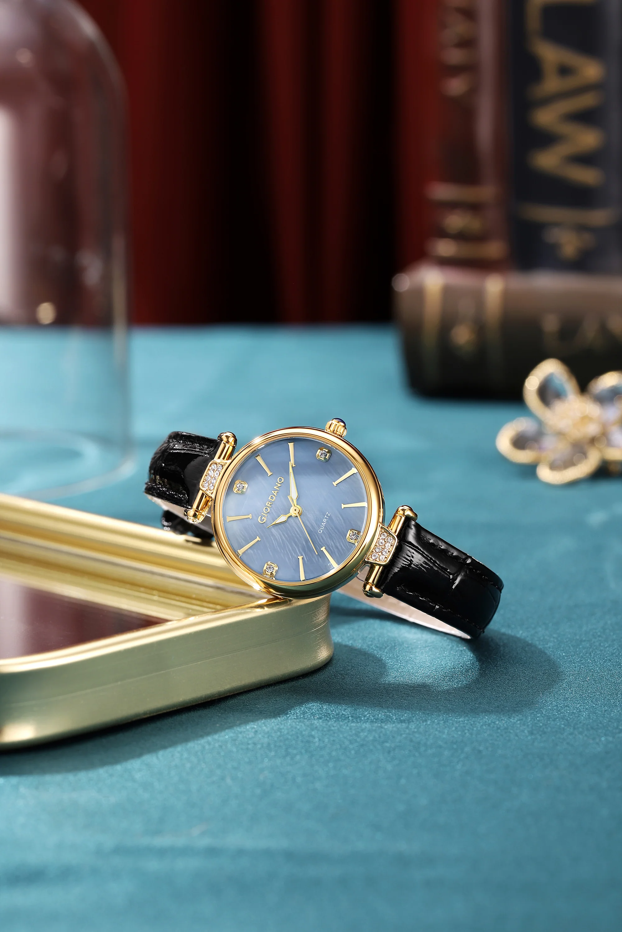 Giordano Analog Quartz Watch for Women with sunray Round Gold Dial, Blue Crown, Luminos hands and Crystal hour markers, Black Leather Strap - GZ-60161-02 - Image 3