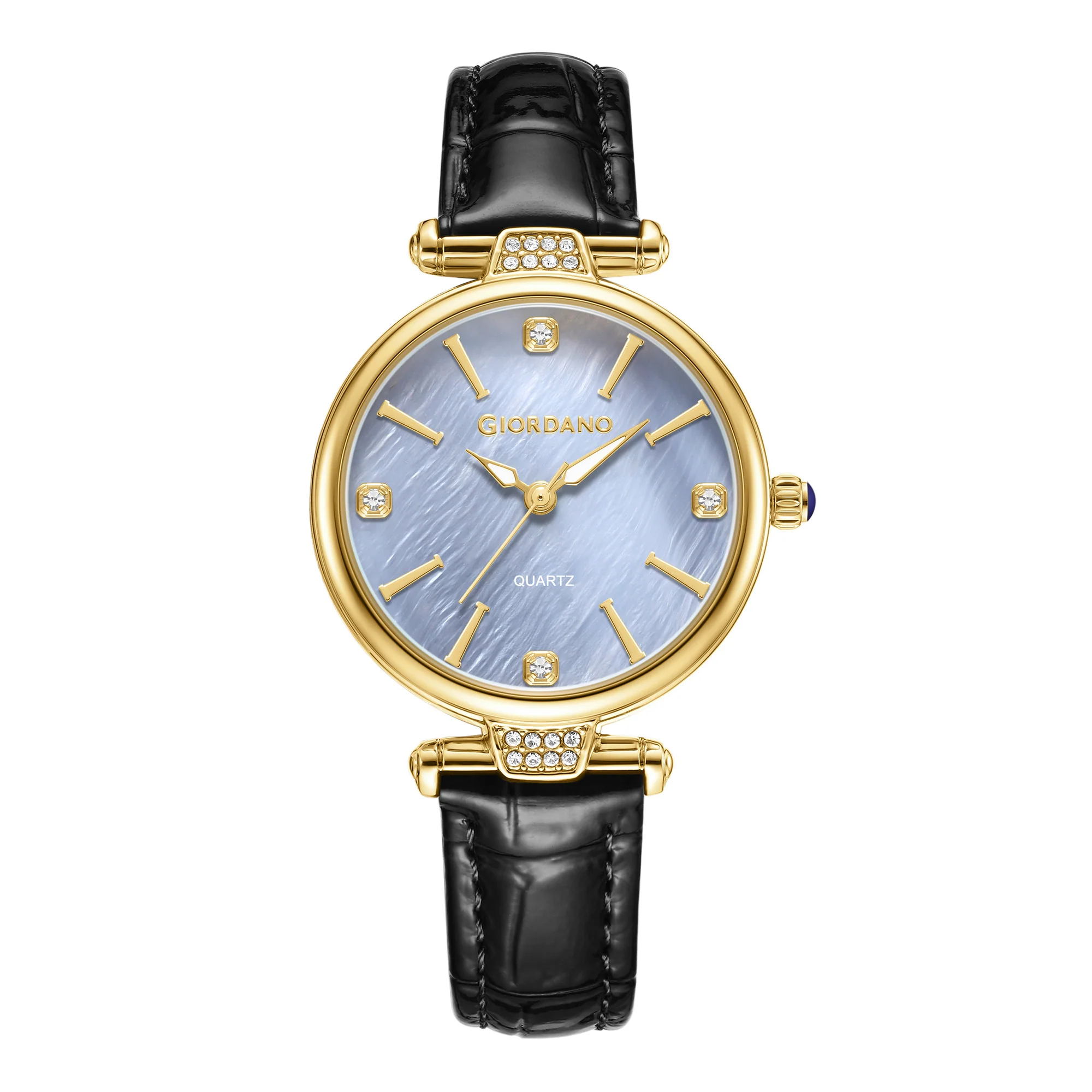 Giordano Analog Quartz Watch for Women with sunray Round Gold Dial, Blue Crown, Luminos hands and Crystal hour markers, Black Leather Strap - GZ-60161-02 - Image 4