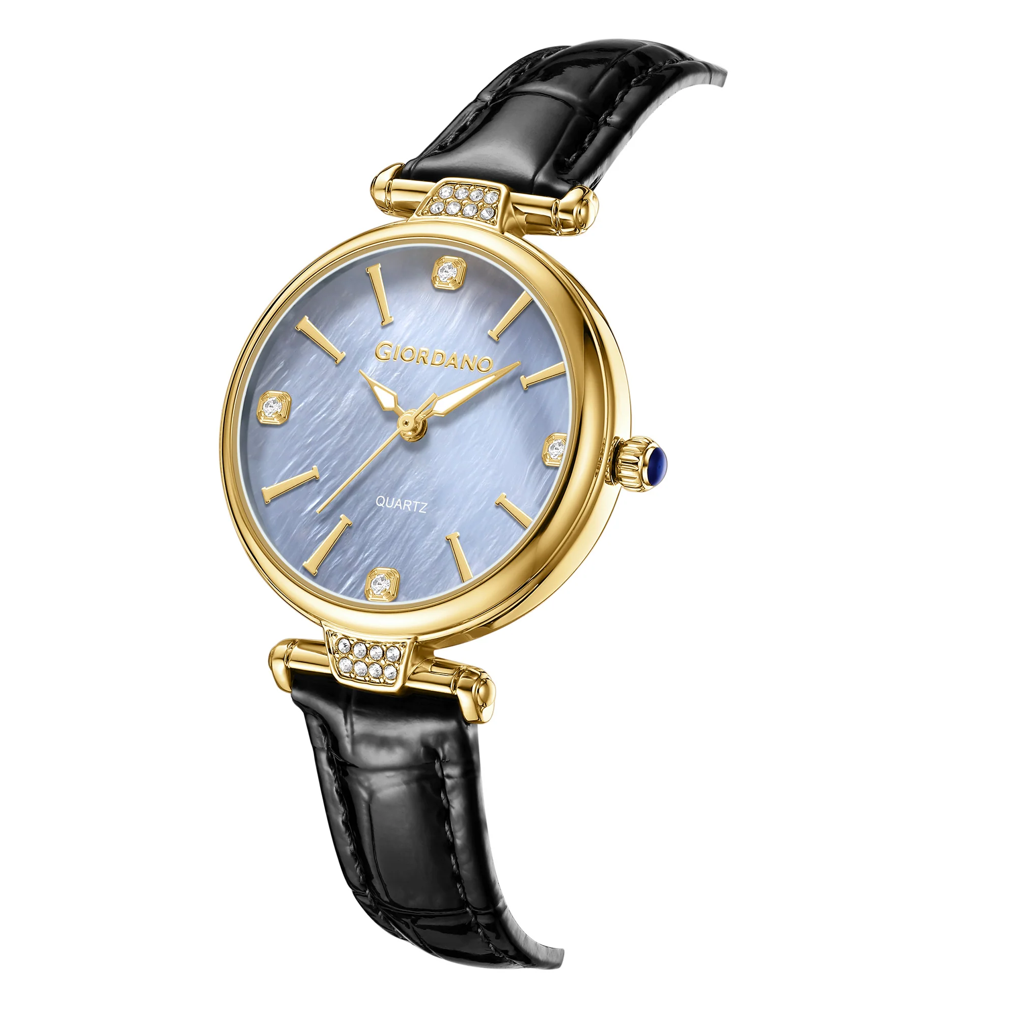 Giordano Analog Quartz Watch for Women with sunray Round Gold Dial, Blue Crown, Luminos hands and Crystal hour markers, Black Leather Strap - GZ-60161-02 - Image 5