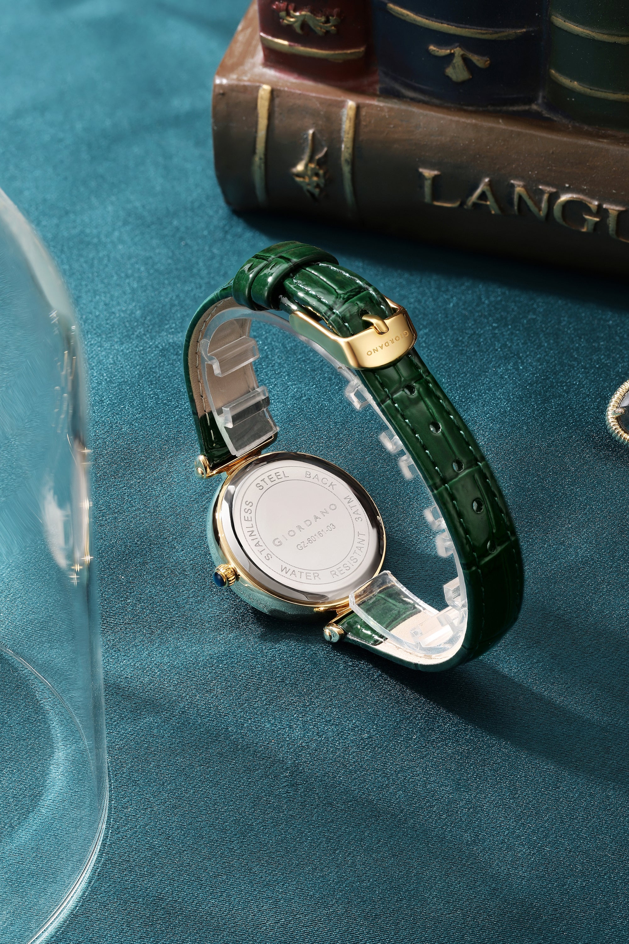Giordano Analog Quartz Watch for Women with sunray Round Green Dial, Blue Crown, Luminos hands and Crystal hour markers, Silver Leather Strap - GZ-60161-03 - Image 4