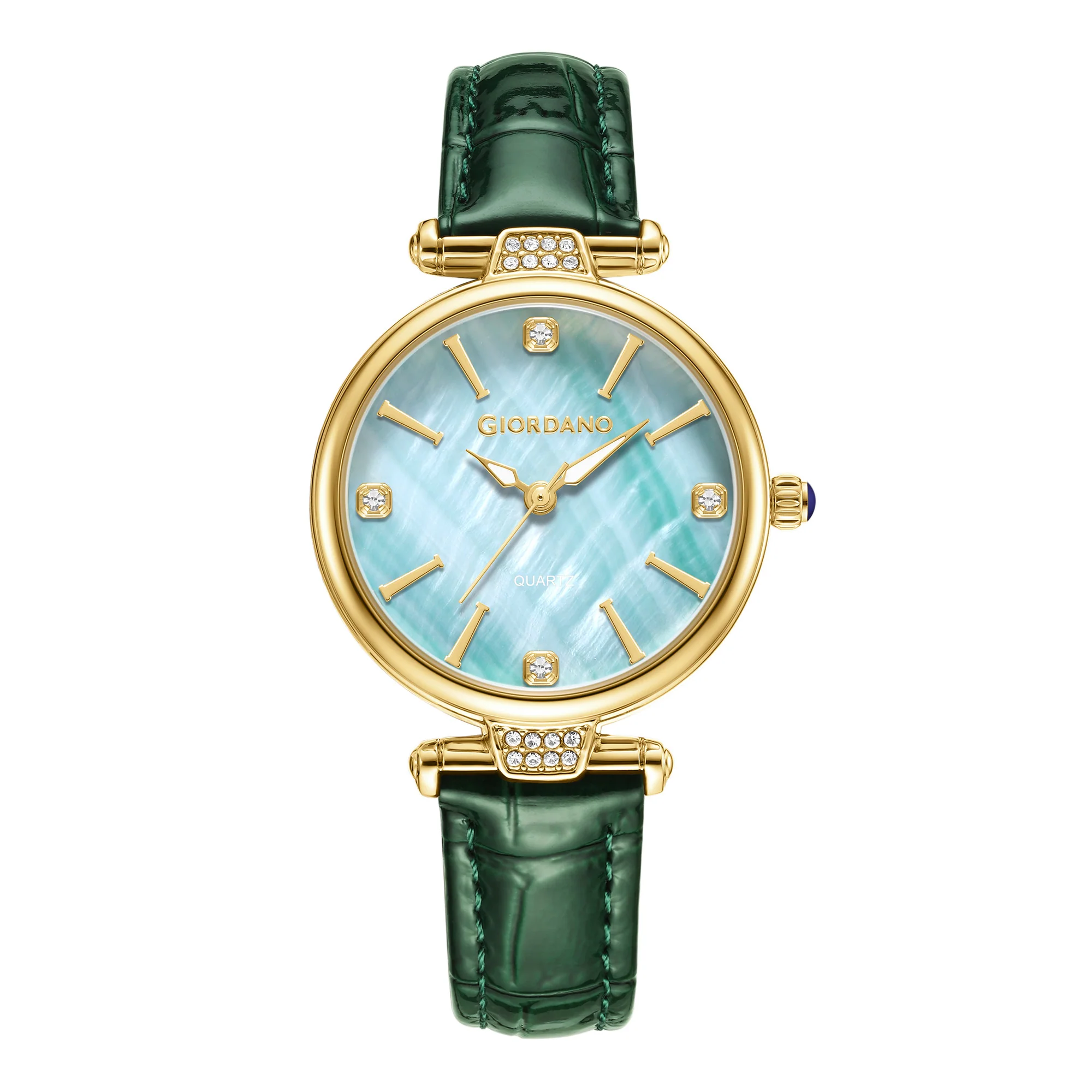 Giordano Analog Quartz Watch for Women with sunray Round Green Dial, Blue Crown, Luminos hands and Crystal hour markers, Silver Leather Strap - GZ-60161-03 - Image 5