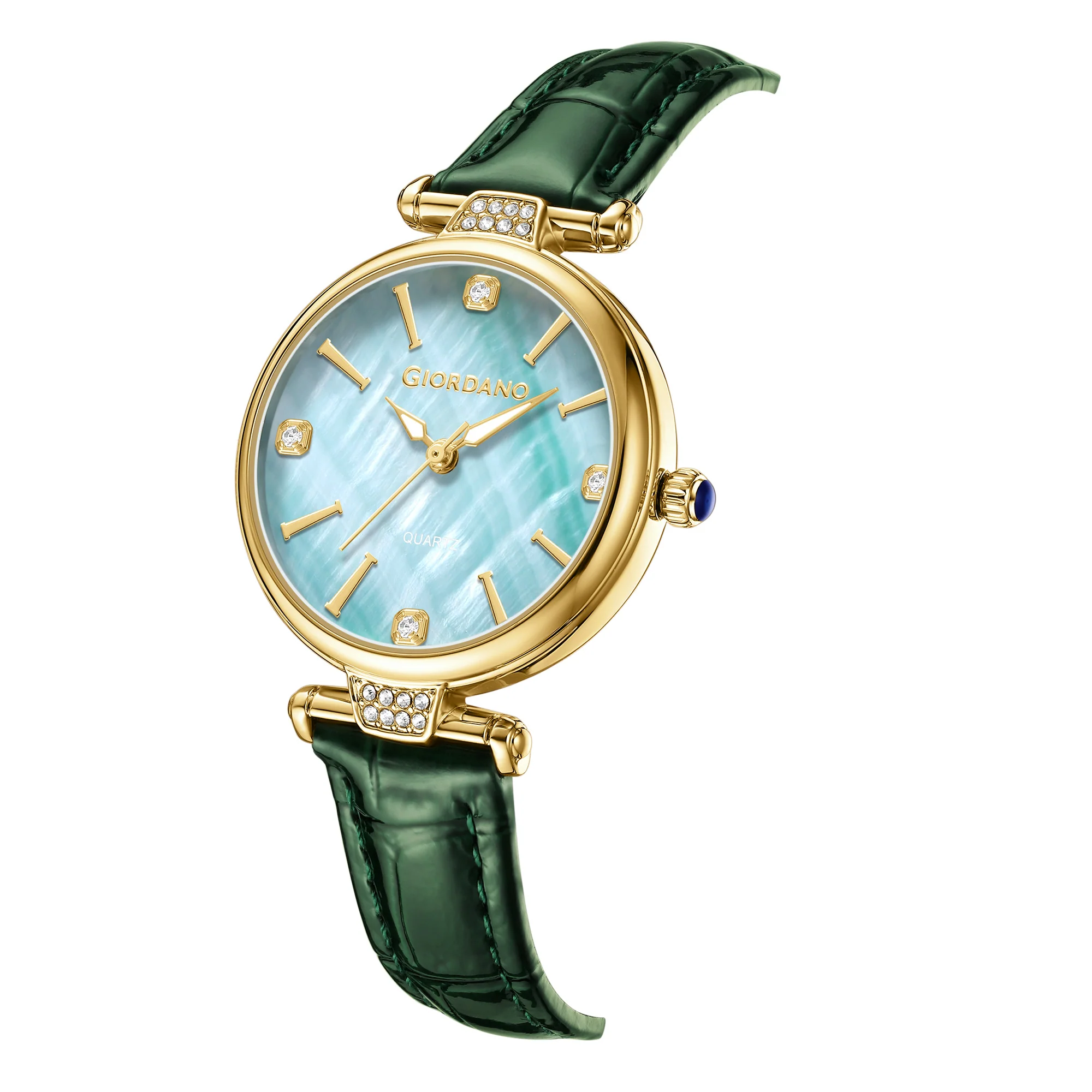 Giordano Analog Quartz Watch for Women with sunray Round Green Dial, Blue Crown, Luminos hands and Crystal hour markers, Silver Leather Strap - GZ-60161-03 - Image 6