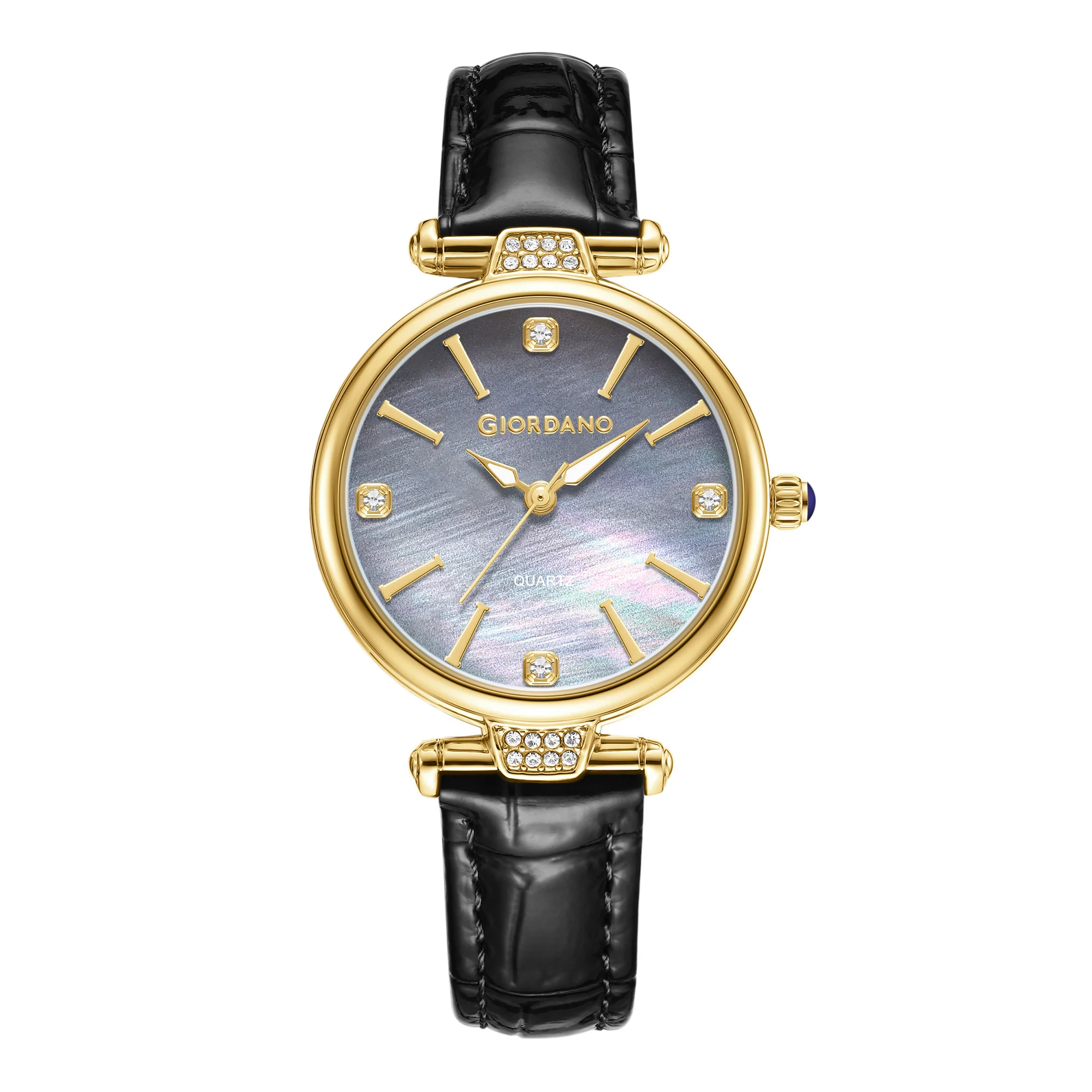 Giordano Analog Quartz Watch for Women with sunray Round Grey Dial, Blue Crown, Luminos hands and Crystal hour markers, Black Leather Strap - GZ-60161-01 - Image 5