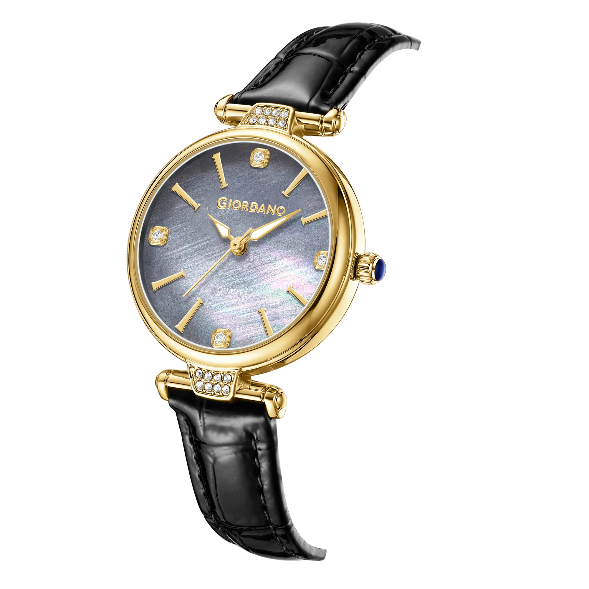 Giordano Analog Quartz Watch for Women with sunray Round Grey Dial, Blue Crown, Luminos hands and Crystal hour markers, Black Leather Strap - GZ-60161-01 - Image 6