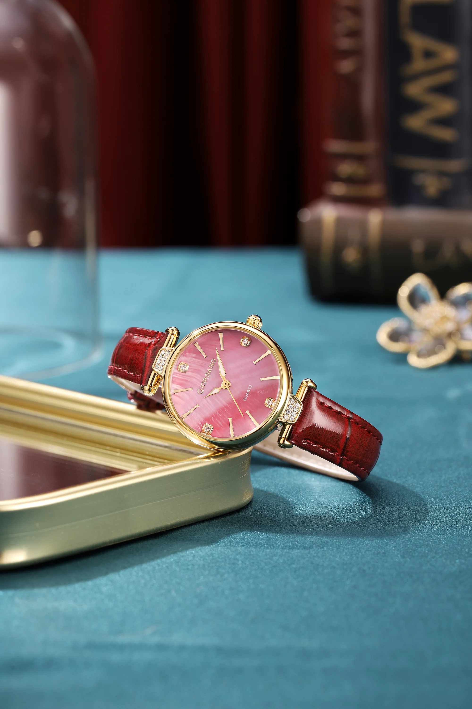 Giordano Analog Quartz Watch for Women with sunray Round Red Dial, Blue Crown, Luminos hands and Crystal hour markers, Red Leather Strap - GZ-60161-04 - Image 3