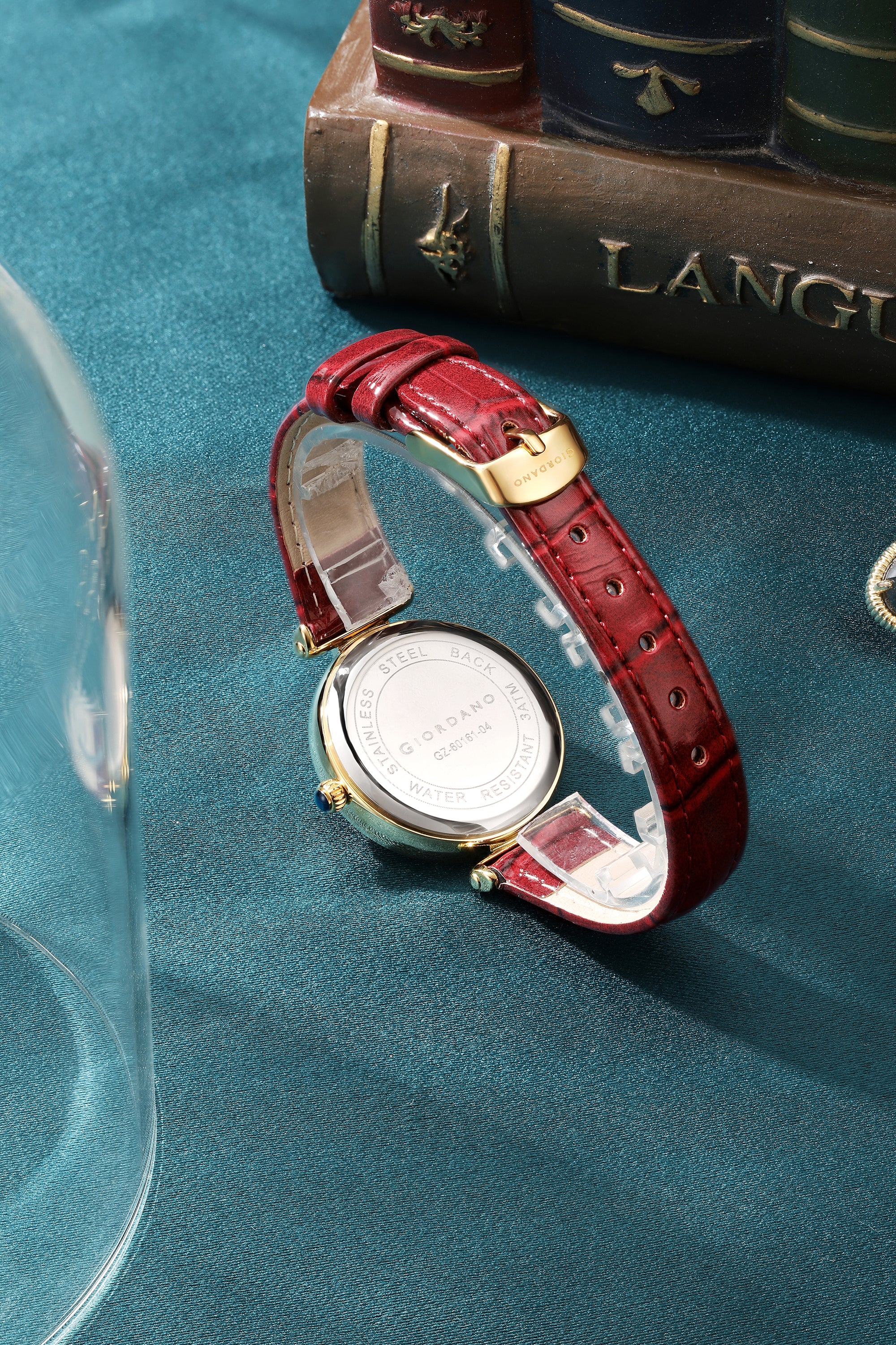 Giordano Analog Quartz Watch for Women with sunray Round Red Dial, Blue Crown, Luminos hands and Crystal hour markers, Red Leather Strap - GZ-60161-04 - Image 4