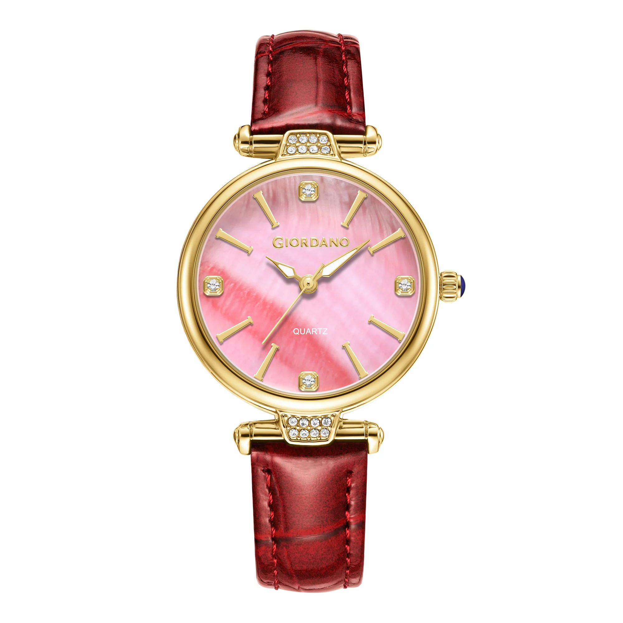 Giordano Analog Quartz Watch for Women with sunray Round Red Dial, Blue Crown, Luminos hands and Crystal hour markers, Red Leather Strap - GZ-60161-04 - Image 5
