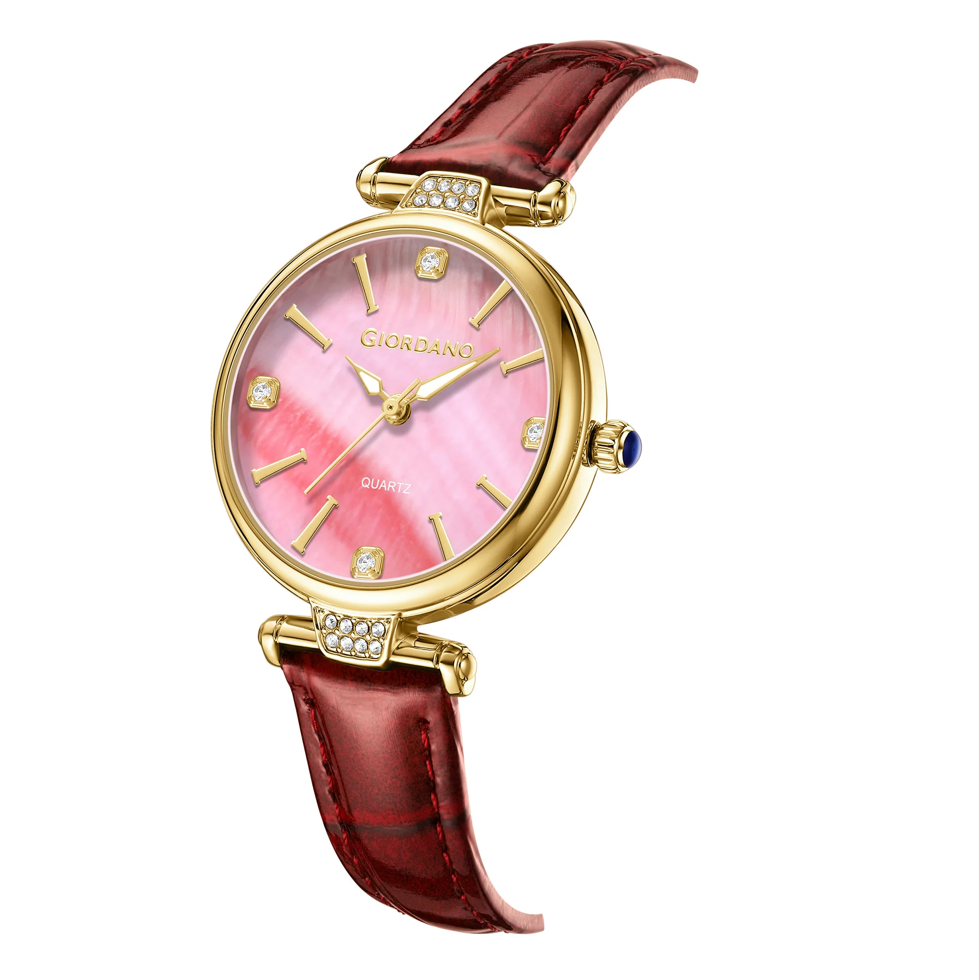 Giordano Analog Quartz Watch for Women with sunray Round Red Dial, Blue Crown, Luminos hands and Crystal hour markers, Red Leather Strap - GZ-60161-04 - Image 6
