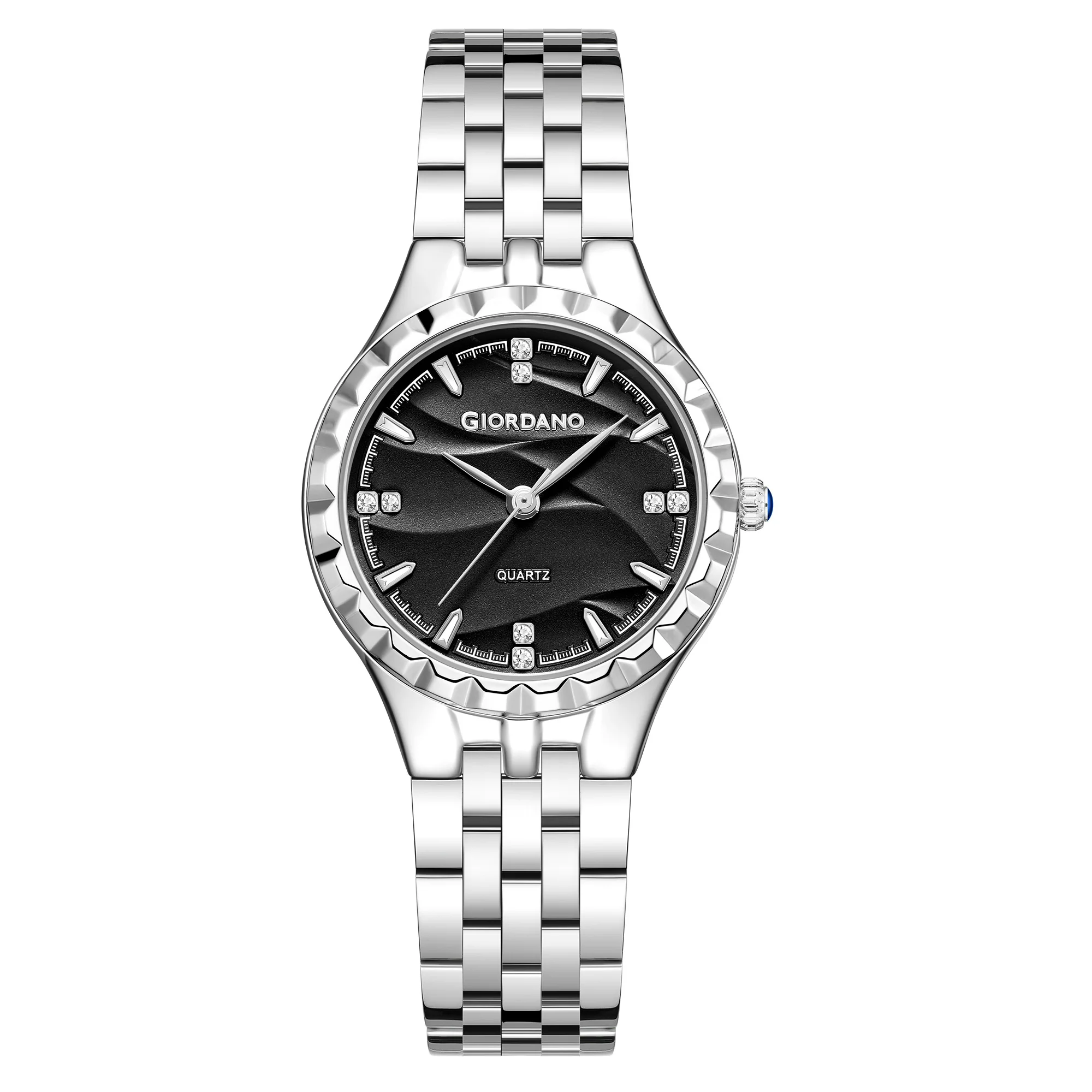 Giordano Analog Quartz Watch for Women with Textured Round Black Dial, Luminous Hands and Markers, Silver Stainless Steel Strap - GZ-60164-11 - Image 5