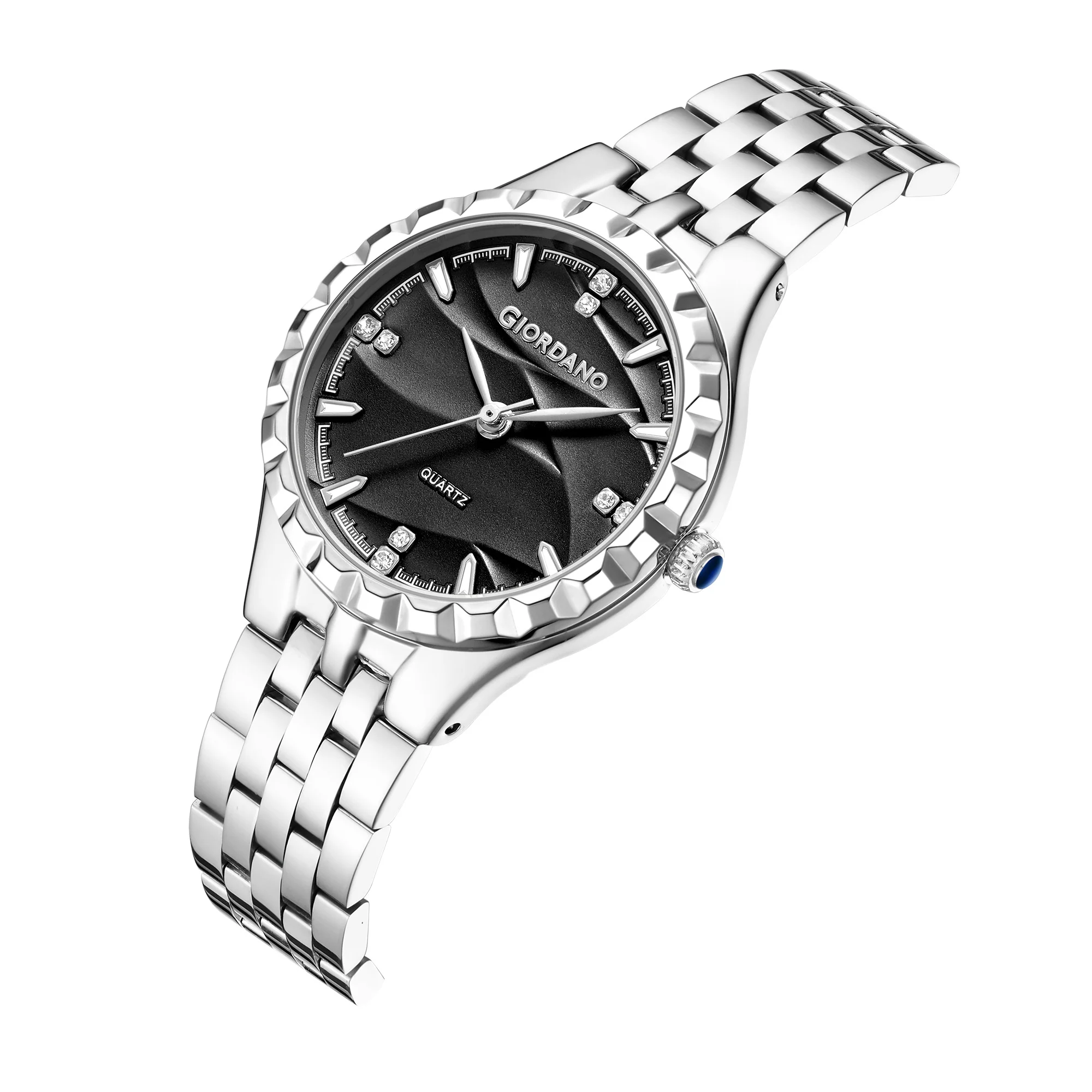 Giordano Analog Quartz Watch for Women with Textured Round Black Dial, Luminous Hands and Markers, Silver Stainless Steel Strap - GZ-60164-11 - Image 6