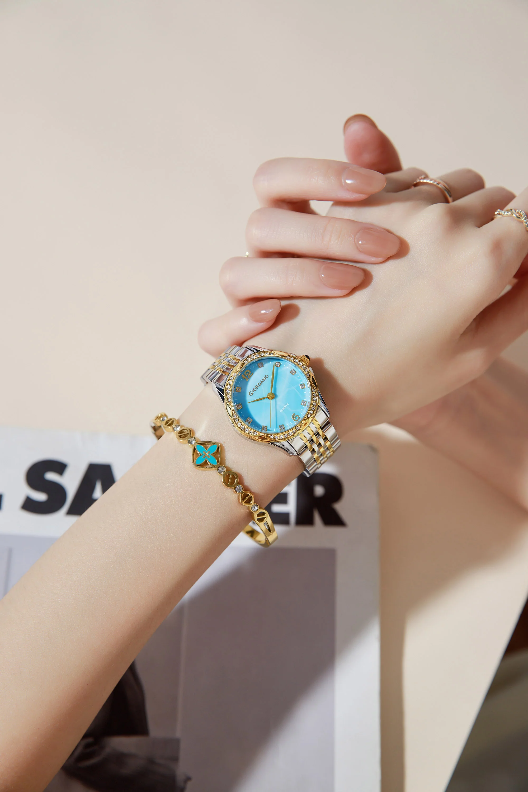 Giordano Analog Quartz Watch for Women with Textured Round Blue Dial, Flower shape case, Blue Crown, Crystal studded hour markers and bezel, Silver and Gold Stainless Steel Strap - GZ-60157-44 - Image 2