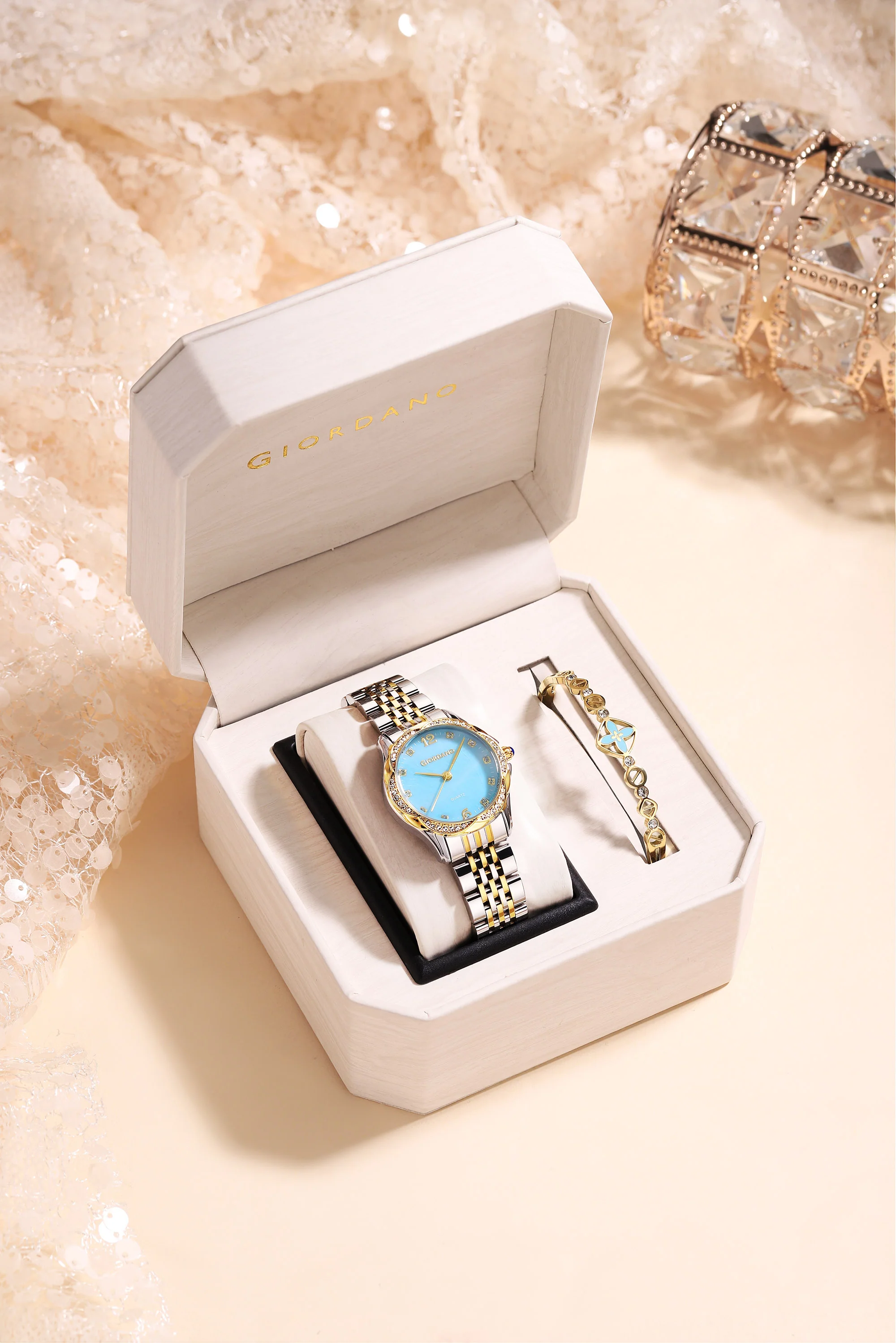 Giordano Analog Quartz Watch for Women with Textured Round Blue Dial, Flower shape case, Blue Crown, Crystal studded hour markers and bezel, Silver and Gold Stainless Steel Strap - GZ-60157-44 - Image 3