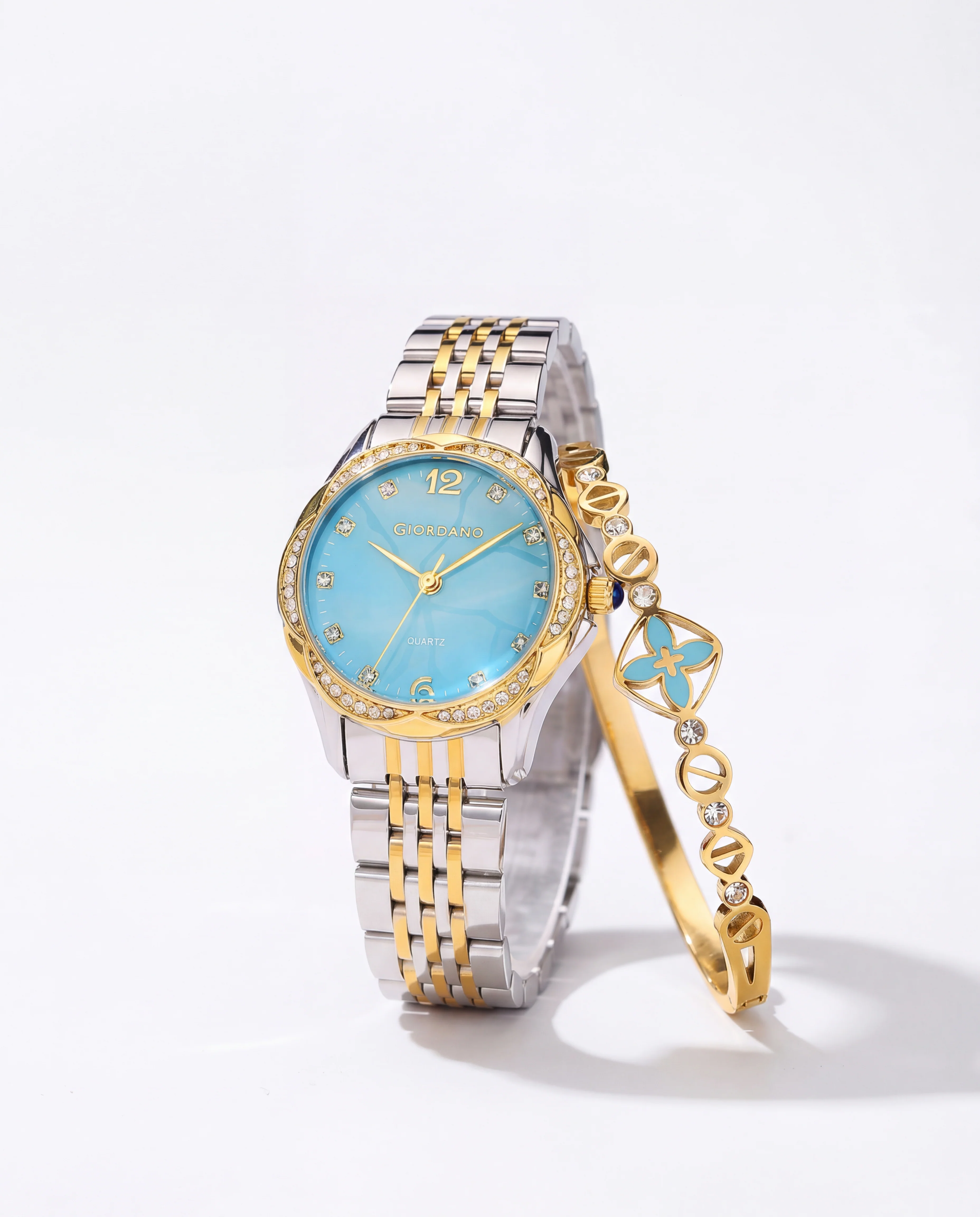 Giordano Analog Quartz Watch for Women with Textured Round Blue Dial, Flower shape case, Blue Crown, Crystal studded hour markers and bezel, Silver and Gold Stainless Steel Strap - GZ-60157-44 - Image 5