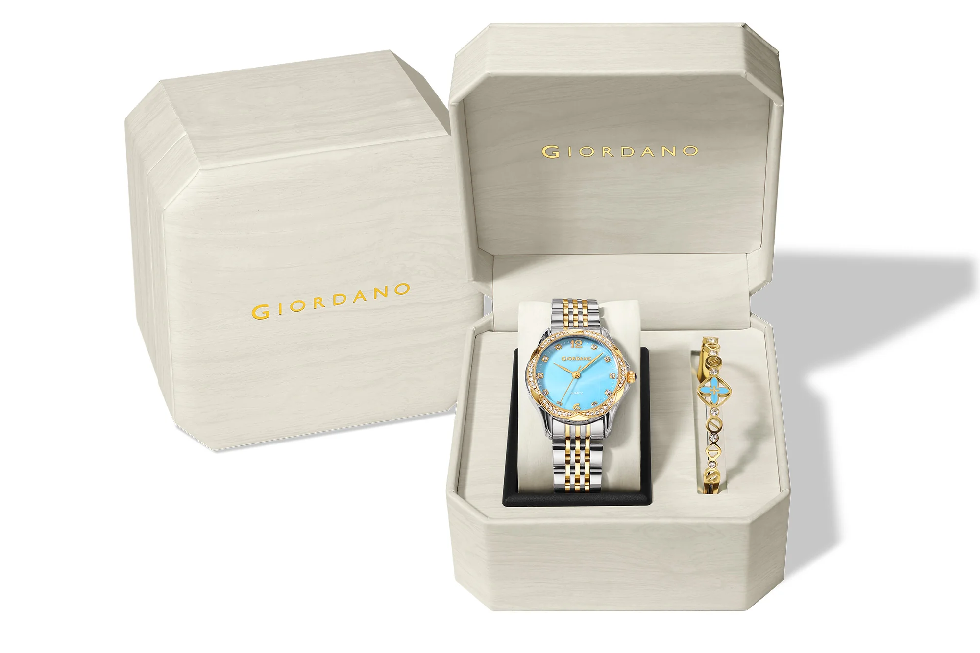 Giordano Analog Quartz Watch for Women with Textured Round Blue Dial, Flower shape case, Blue Crown, Crystal studded hour markers and bezel, Silver and Gold Stainless Steel Strap - GZ-60157-44 - Image 6