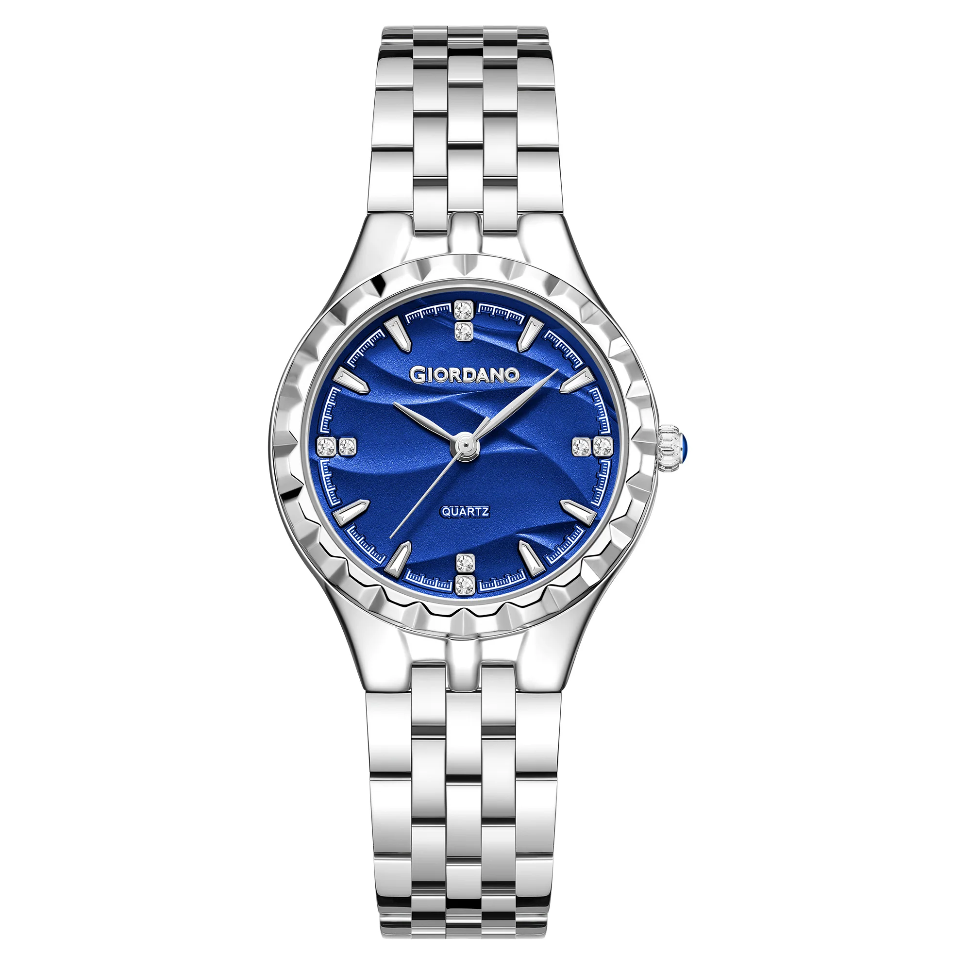 Giordano Analog Quartz Watch for Women with Textured Round Blue Dial, Luminous Hands and Markers, Silver Stainless Steel Strap - GZ-60164-22 - Image 5