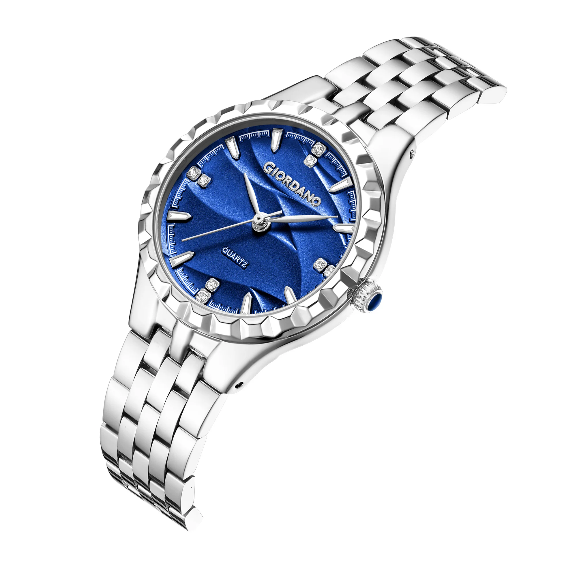 Giordano Analog Quartz Watch for Women with Textured Round Blue Dial, Luminous Hands and Markers, Silver Stainless Steel Strap - GZ-60164-22 - Image 6