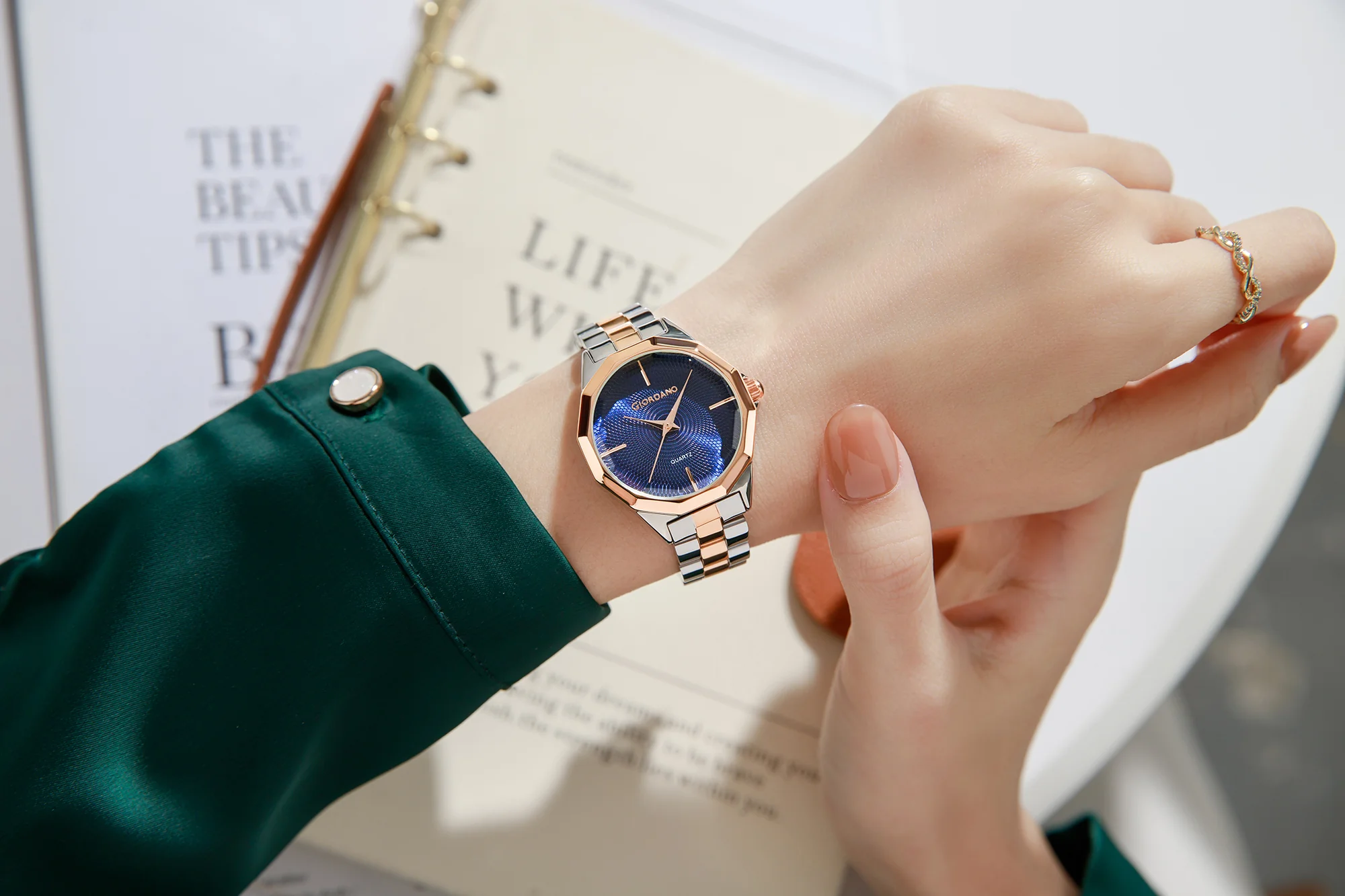 Giordano Analog Quartz Watch for Women with Textured Round Blue Dial, Square Case, Blue Crown, Silver and Rose Gold Stainless Steel Strap - GZ-60158-22 - Image 2