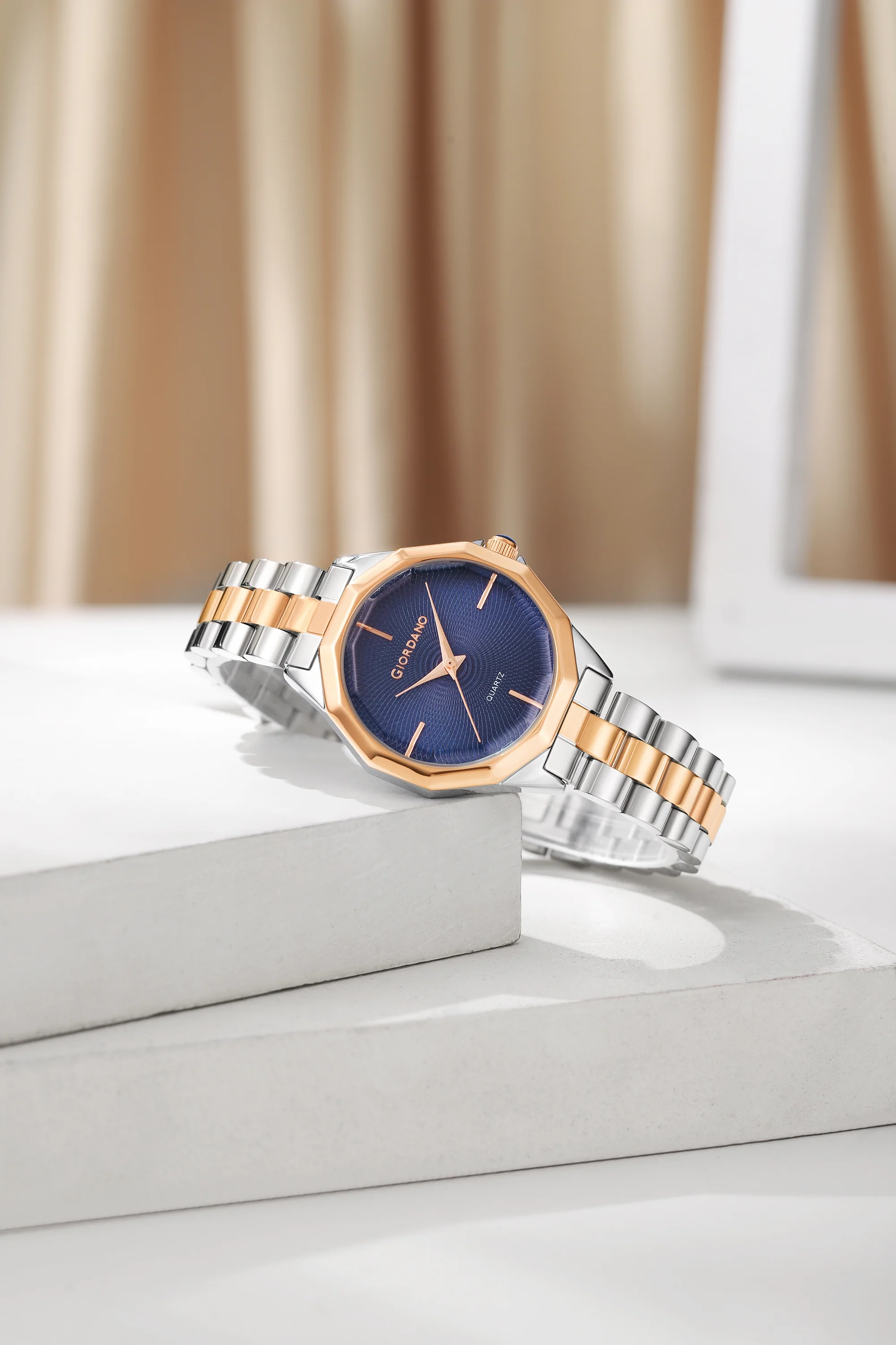 Giordano Analog Quartz Watch for Women with Textured Round Blue Dial, Square Case, Blue Crown, Silver and Rose Gold Stainless Steel Strap - GZ-60158-22 - Image 3
