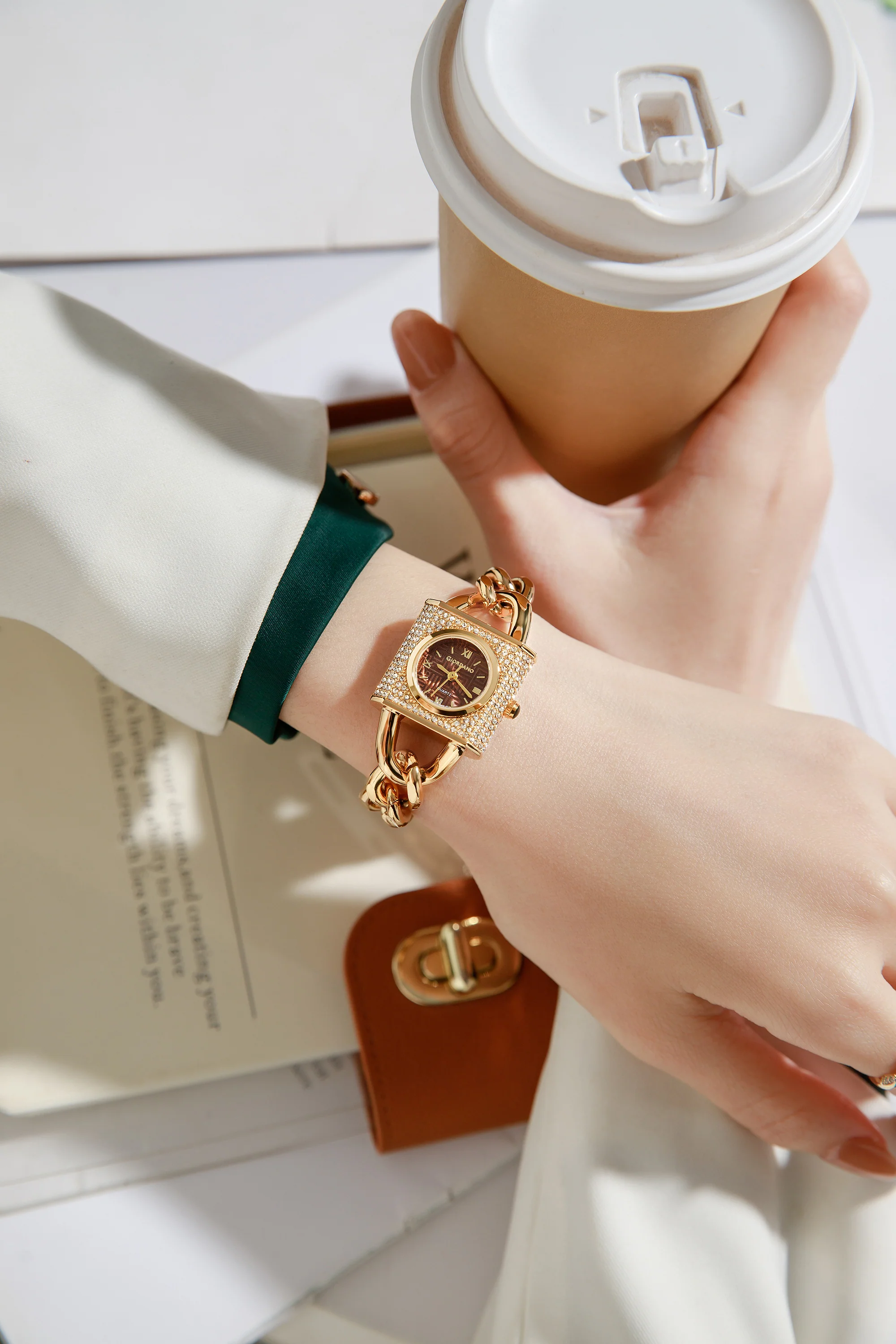 Giordano Analog Quartz Watch for Women with Textured Round Brown Dial, Crystal Studded Bezel, Blue Crown, Gold Stainless Steel Strap - GZ-60160-44 - Image 2