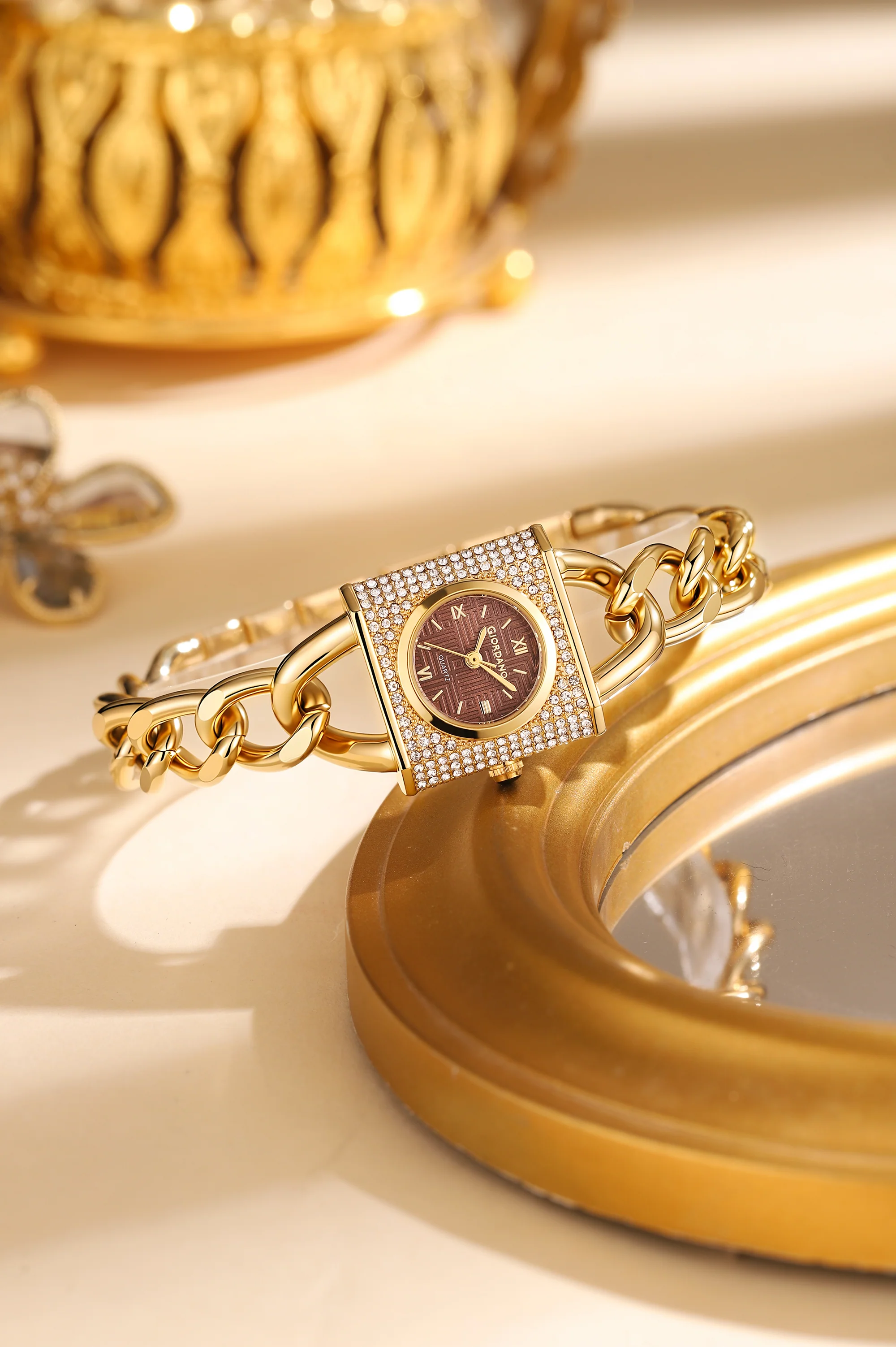 Giordano Analog Quartz Watch for Women with Textured Round Brown Dial, Crystal Studded Bezel, Blue Crown, Gold Stainless Steel Strap - GZ-60160-44 - Image 3