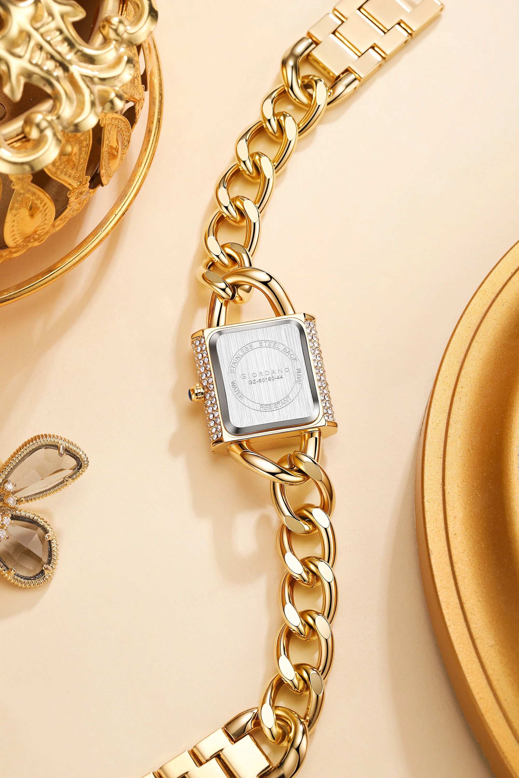 Giordano Analog Quartz Watch for Women with Textured Round Brown Dial, Crystal Studded Bezel, Blue Crown, Gold Stainless Steel Strap - GZ-60160-44 - Image 4