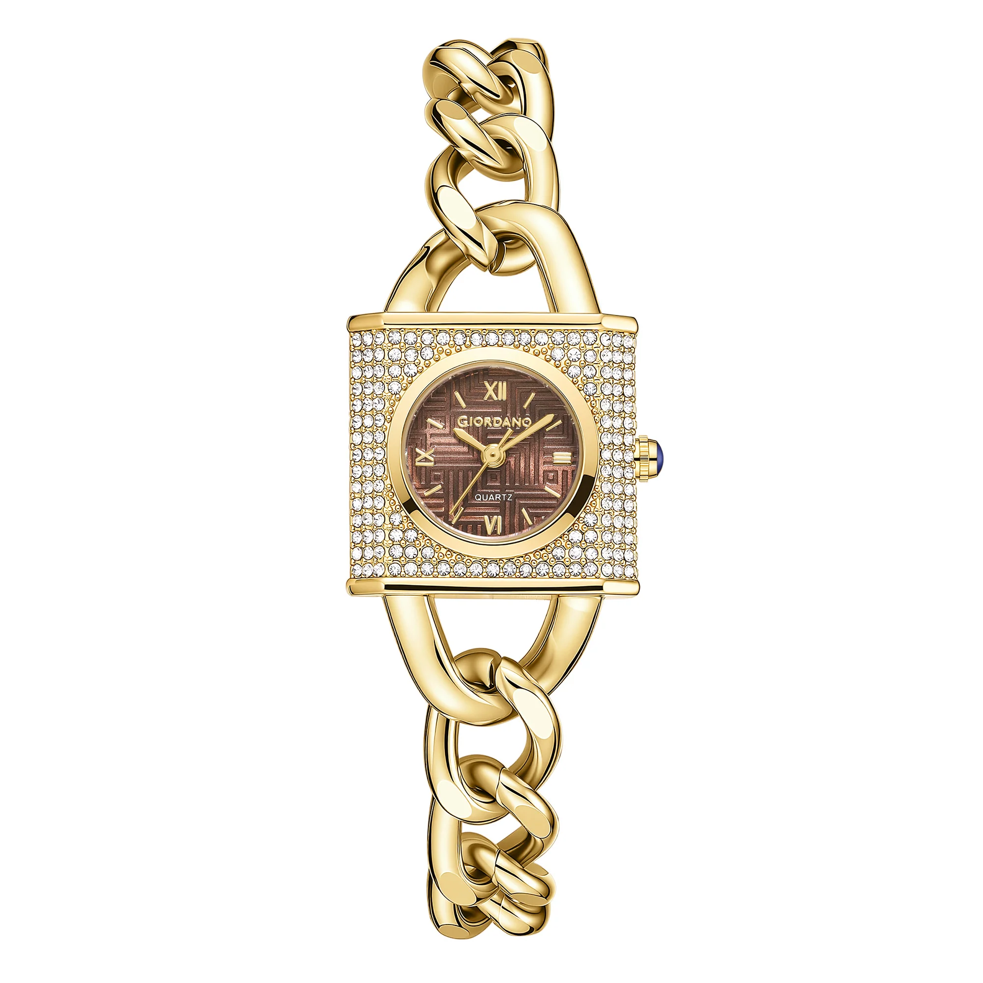 Giordano Analog Quartz Watch for Women with Textured Round Brown Dial, Crystal Studded Bezel, Blue Crown, Gold Stainless Steel Strap - GZ-60160-44 - Image 5