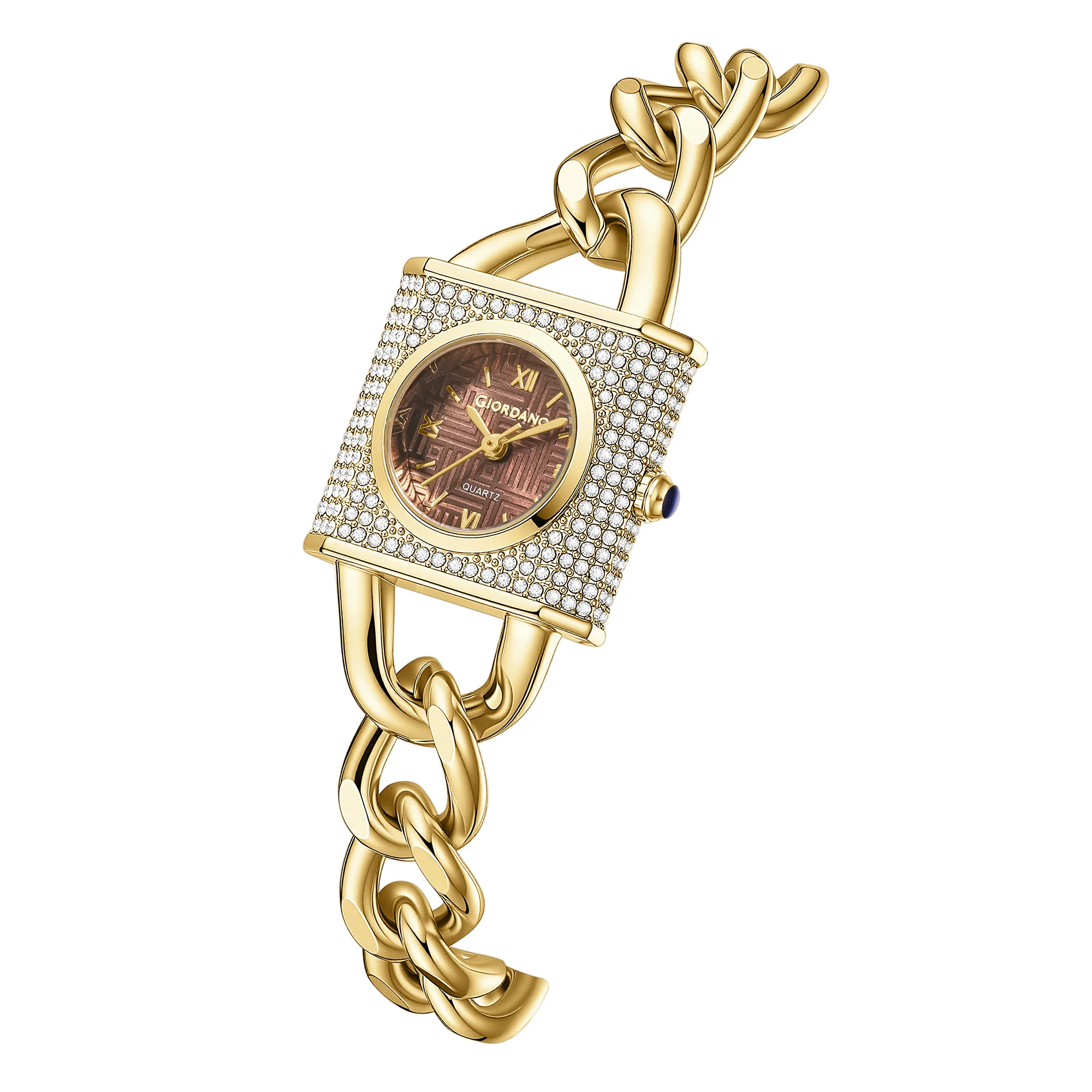 Giordano Analog Quartz Watch for Women with Textured Round Brown Dial, Crystal Studded Bezel, Blue Crown, Gold Stainless Steel Strap - GZ-60160-44 - Image 6