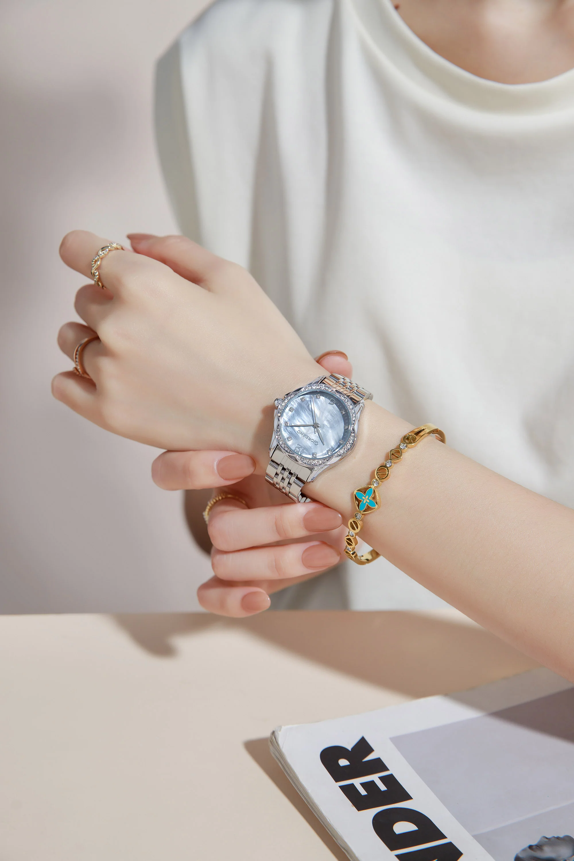 Giordano Analog Quartz Watch for Women with Textured Round Brown Dial, Flower shape case, Blue Crown, Crystal studded hour markers and bezel, Silver Stainless Steel Strap - GZ-60157-22 - Image 2