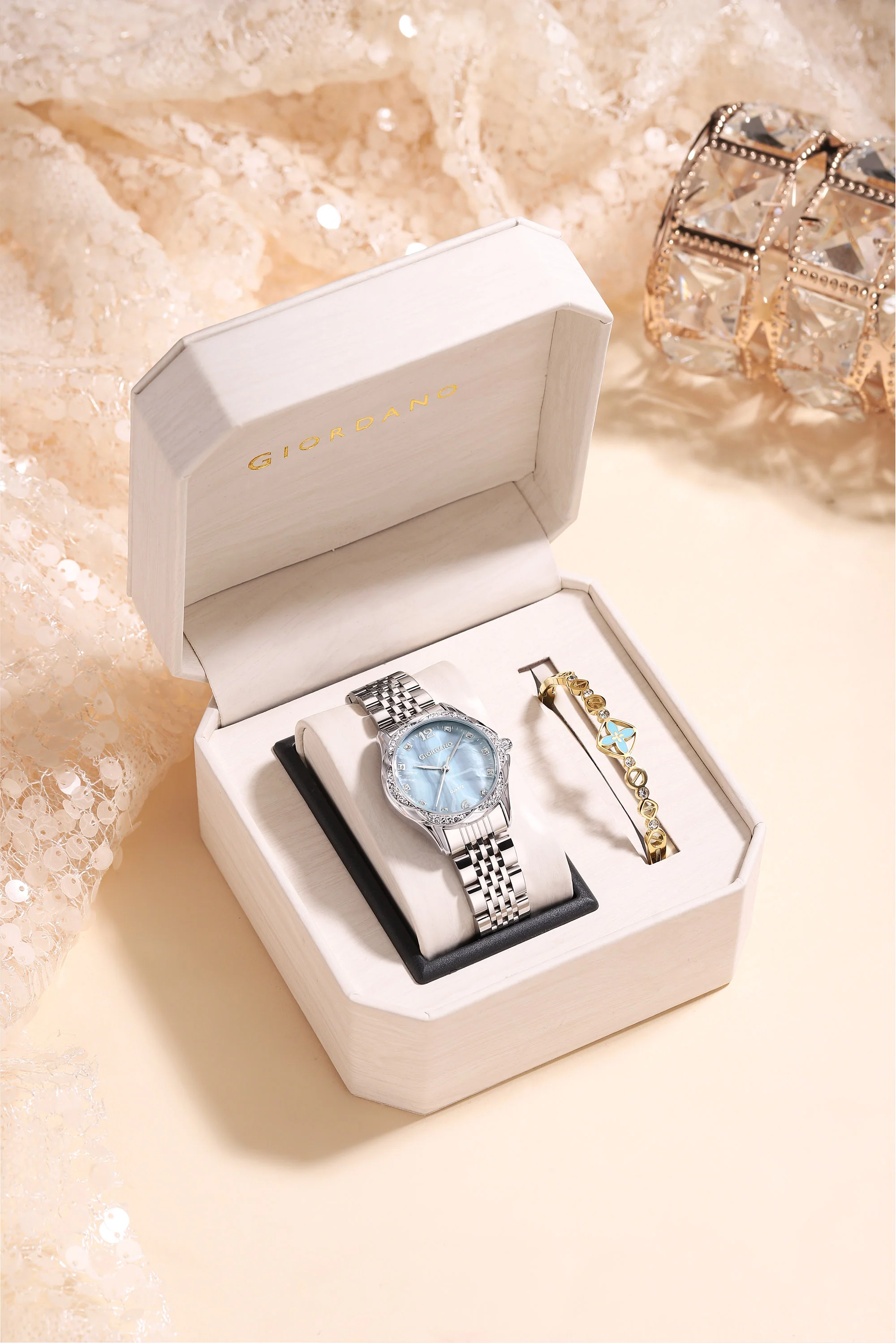 Giordano Analog Quartz Watch for Women with Textured Round Brown Dial, Flower shape case, Blue Crown, Crystal studded hour markers and bezel, Silver Stainless Steel Strap - GZ-60157-22 - Image 3